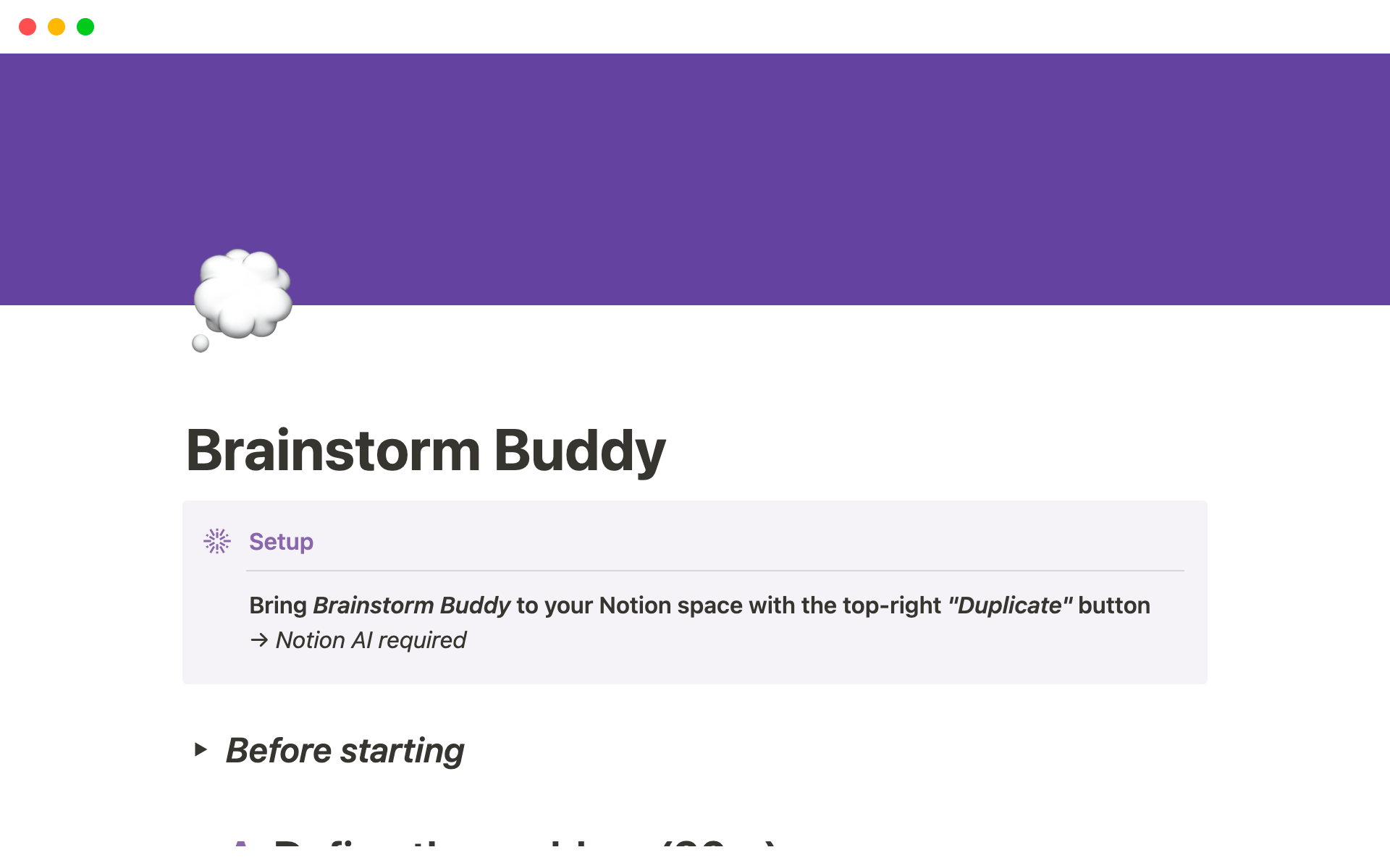 A template preview for Brainstorm Buddy for Notion AI