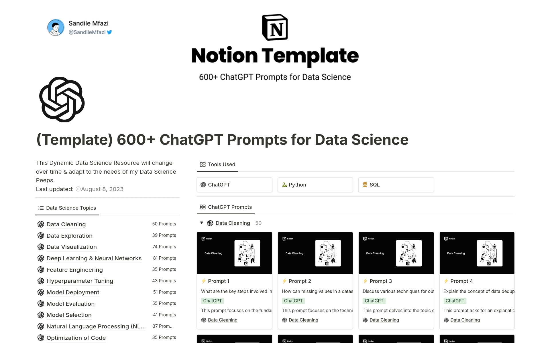 A template preview for 600+ ChatGPT Data Science Prompts