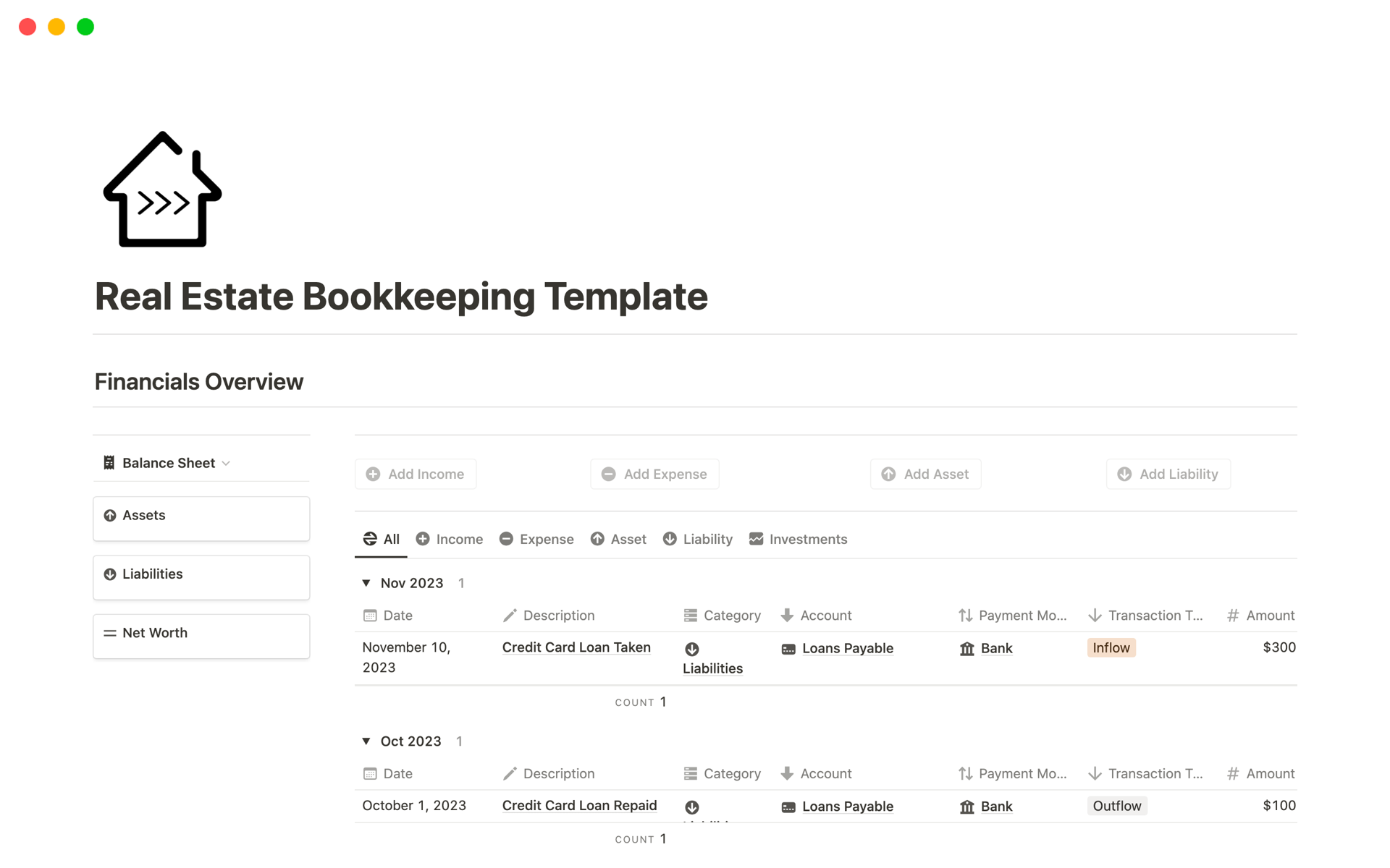 Real Estate Bookkeeping Notion Template