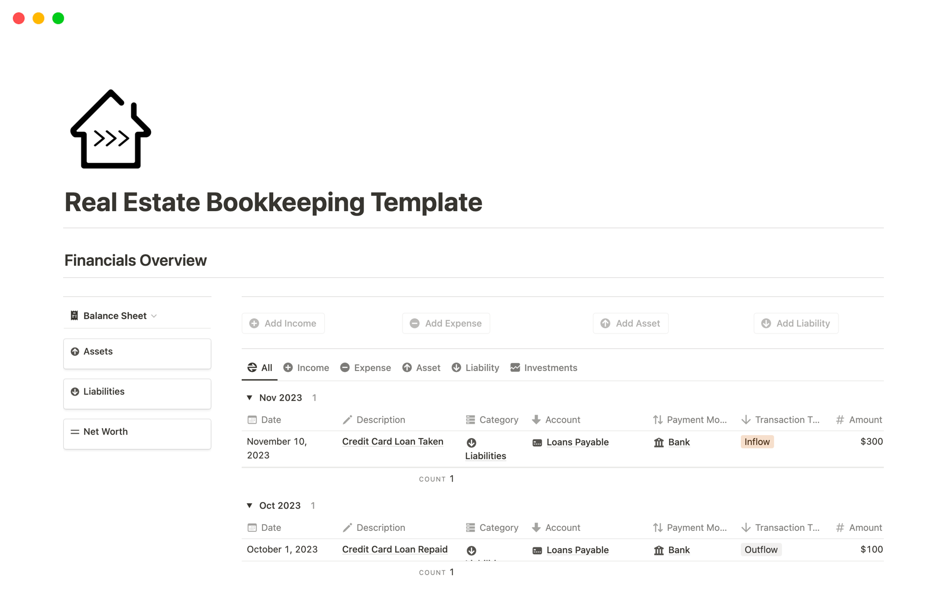 A template preview for Real Estate Bookkeeping