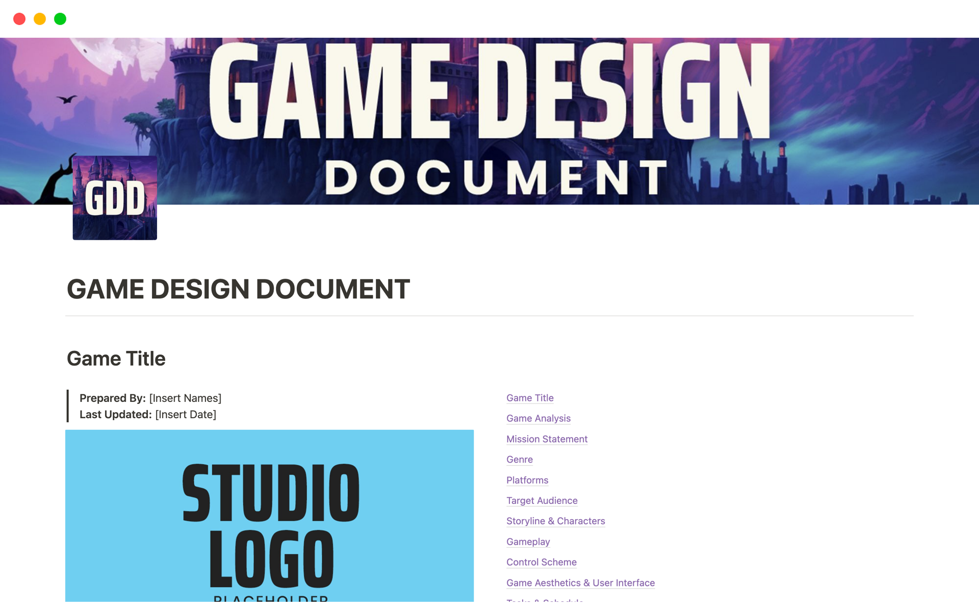 A template preview for Game Design Document (GDD)