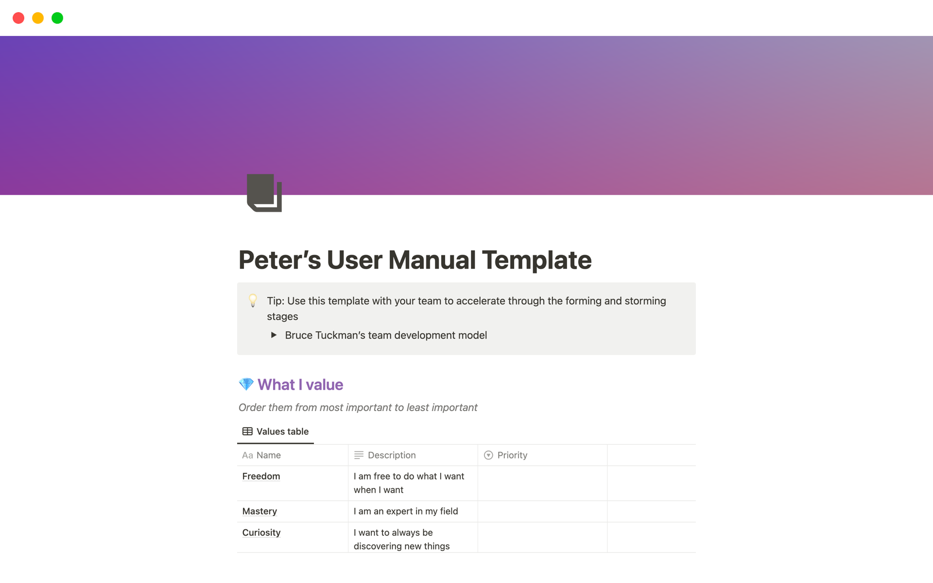 Vista previa de una plantilla para Peter’s User Manual Template