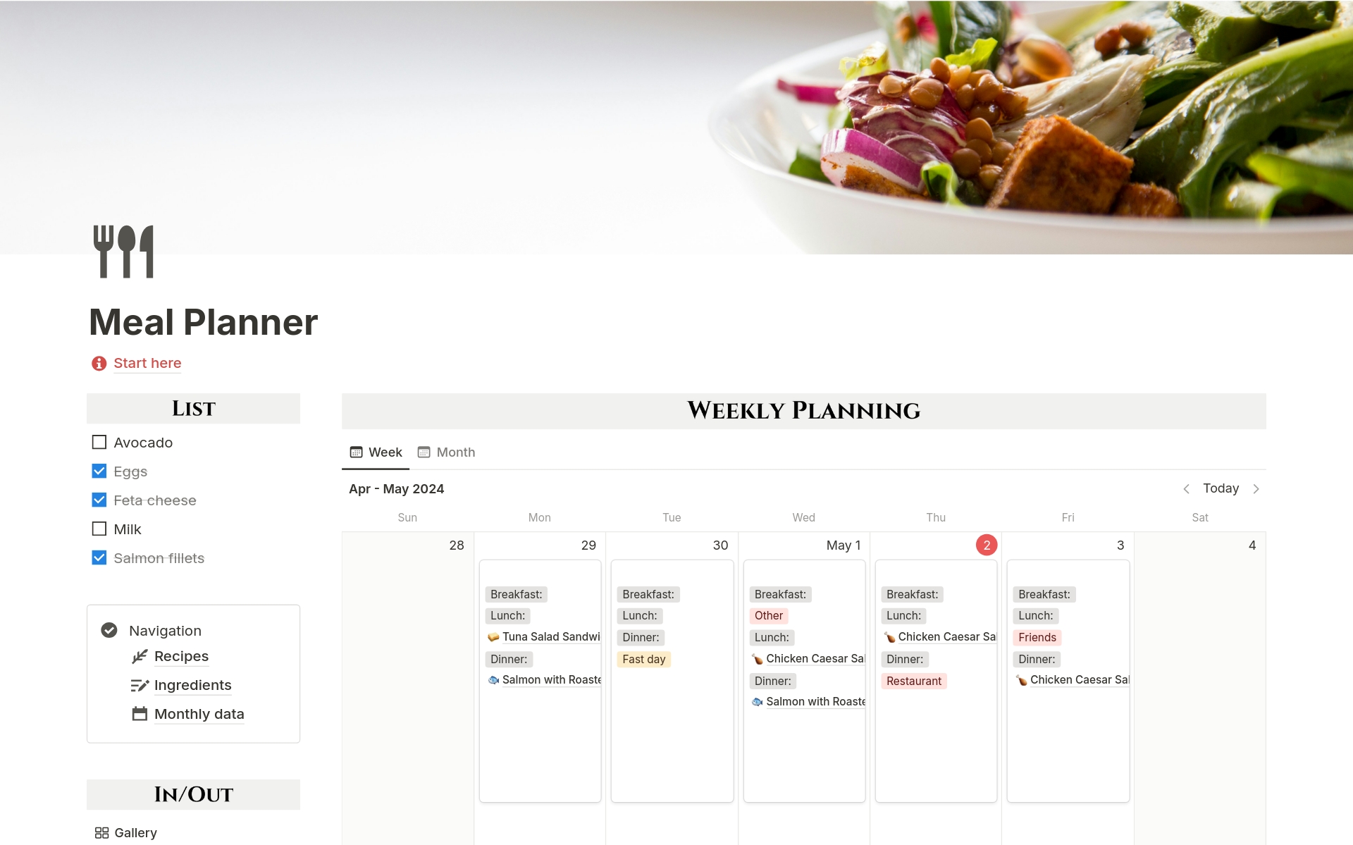 This template can rescue your dinner routine! Plan delicious weekly & monthly meals with recipes, ingredients & tips. Build grocery lists & track eating habits - see how often you cook at home, eat out or fast. Take control of your health & budget, all while saving time! 