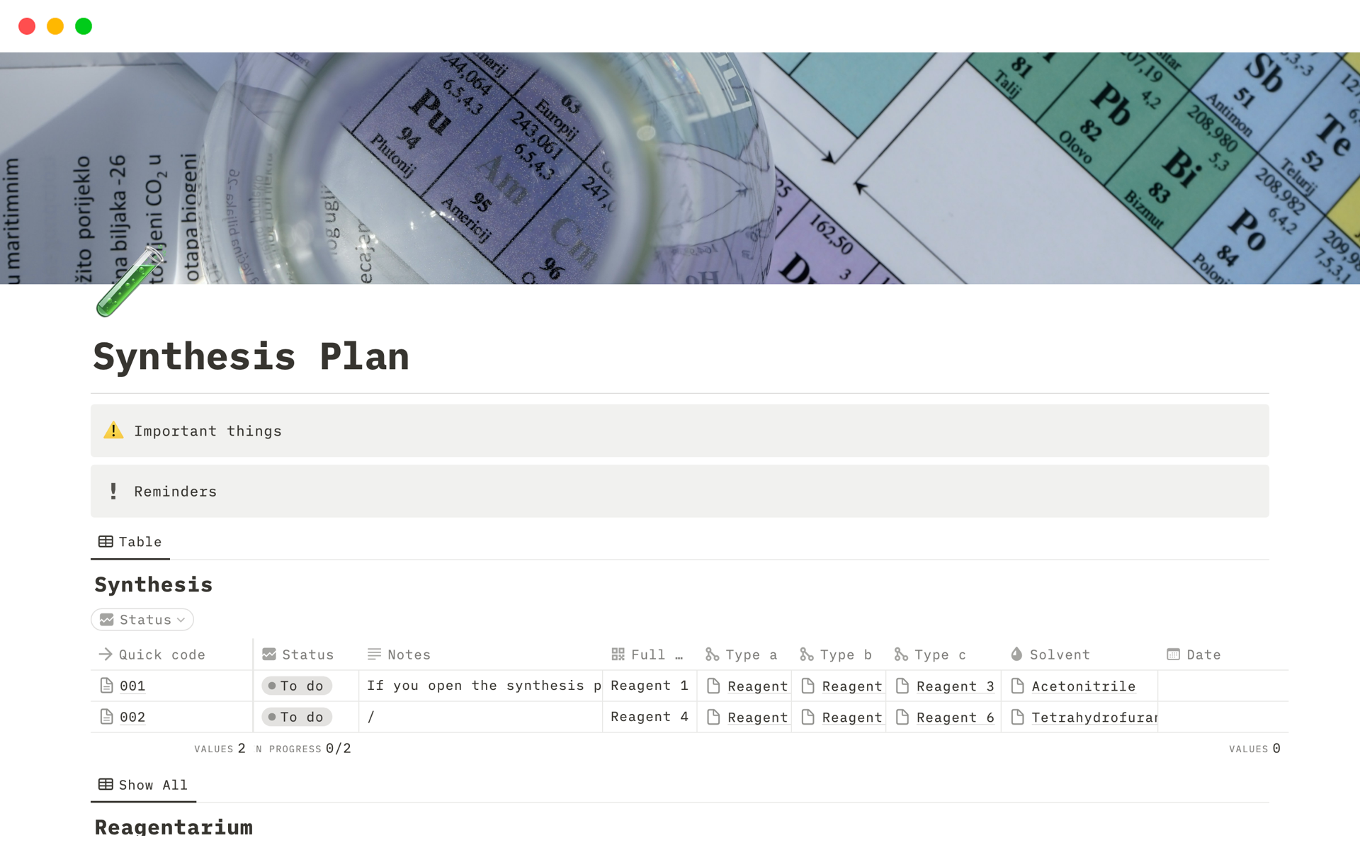 A template preview for Synthesis Plan