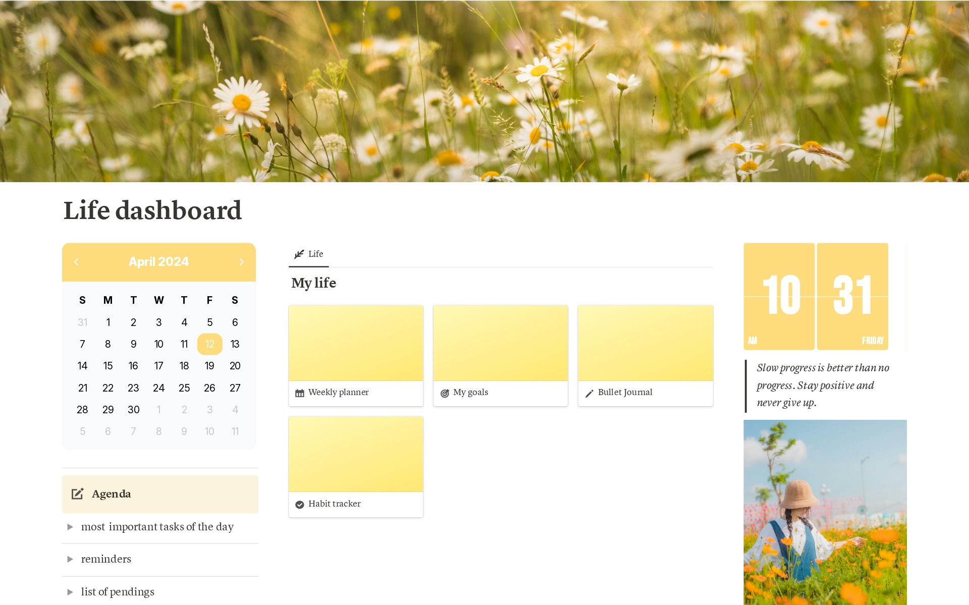 Organize your life efficiently with my Notion dashboard: weekly planner, goal setting, bullet journal, and habit tracking all in one place! Stay on top of your tasks and aspirations effortlessly. Use this place for planning your life and becoming a better version of yourself.