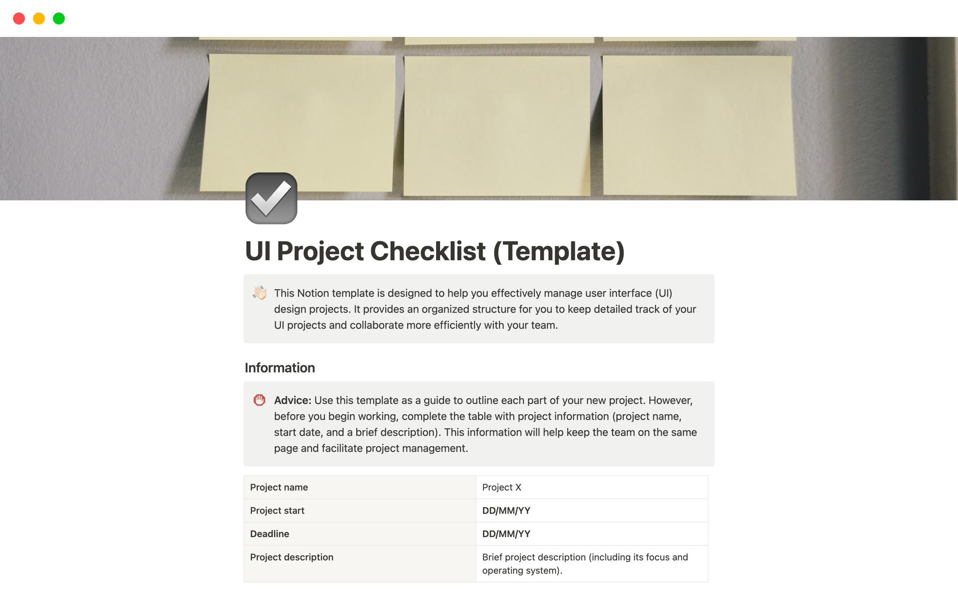 Vista previa de una plantilla para UI Project Checklist