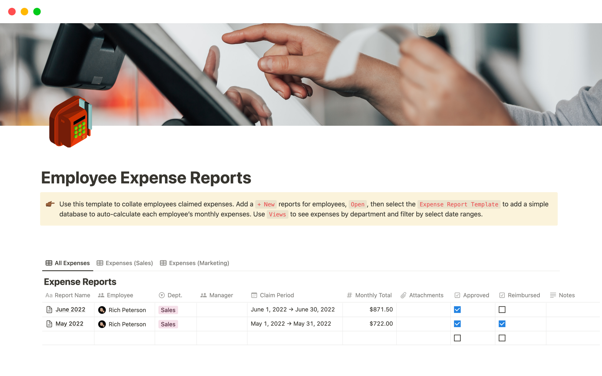 A template preview for Employee Expense Reports