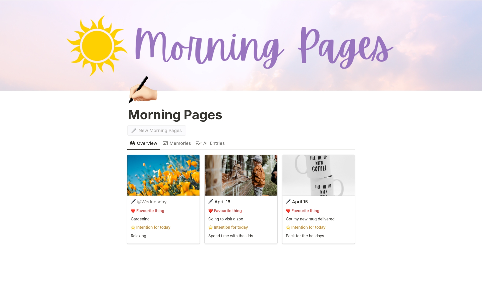 Eine Vorlagenvorschau für Morning Pages & Memories Gallery