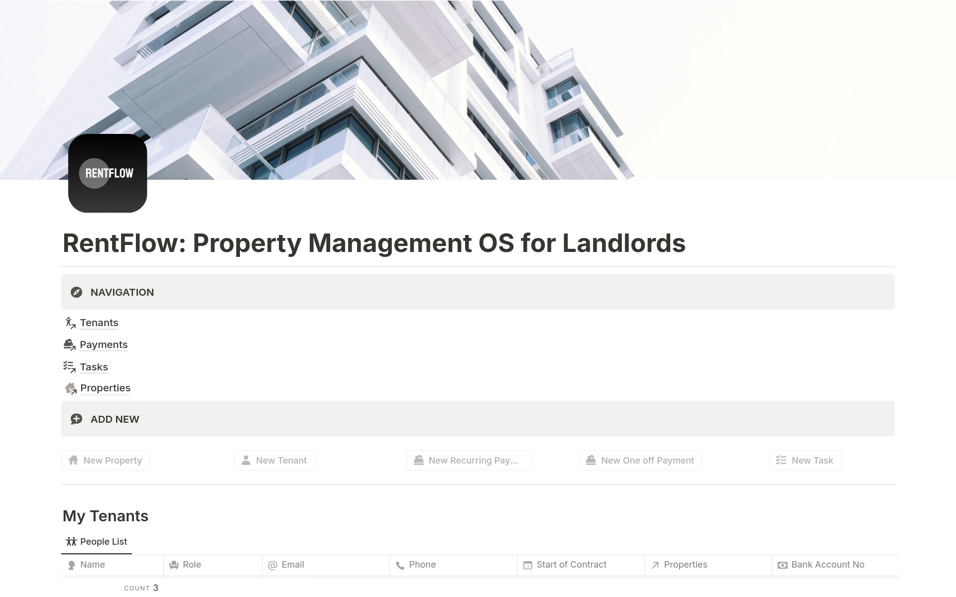 Eine Vorlagenvorschau für RentFlow: Property Management OS for Landlords