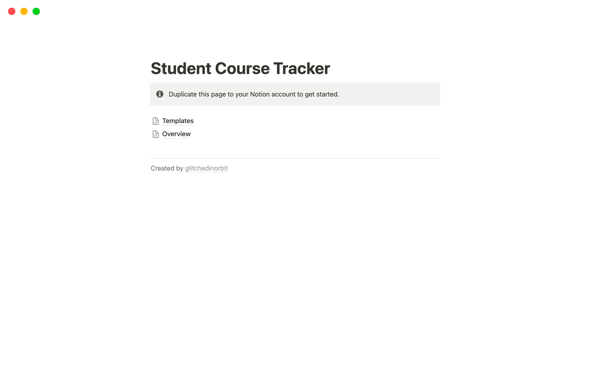 En förhandsgranskning av mallen för Student Course Tracker