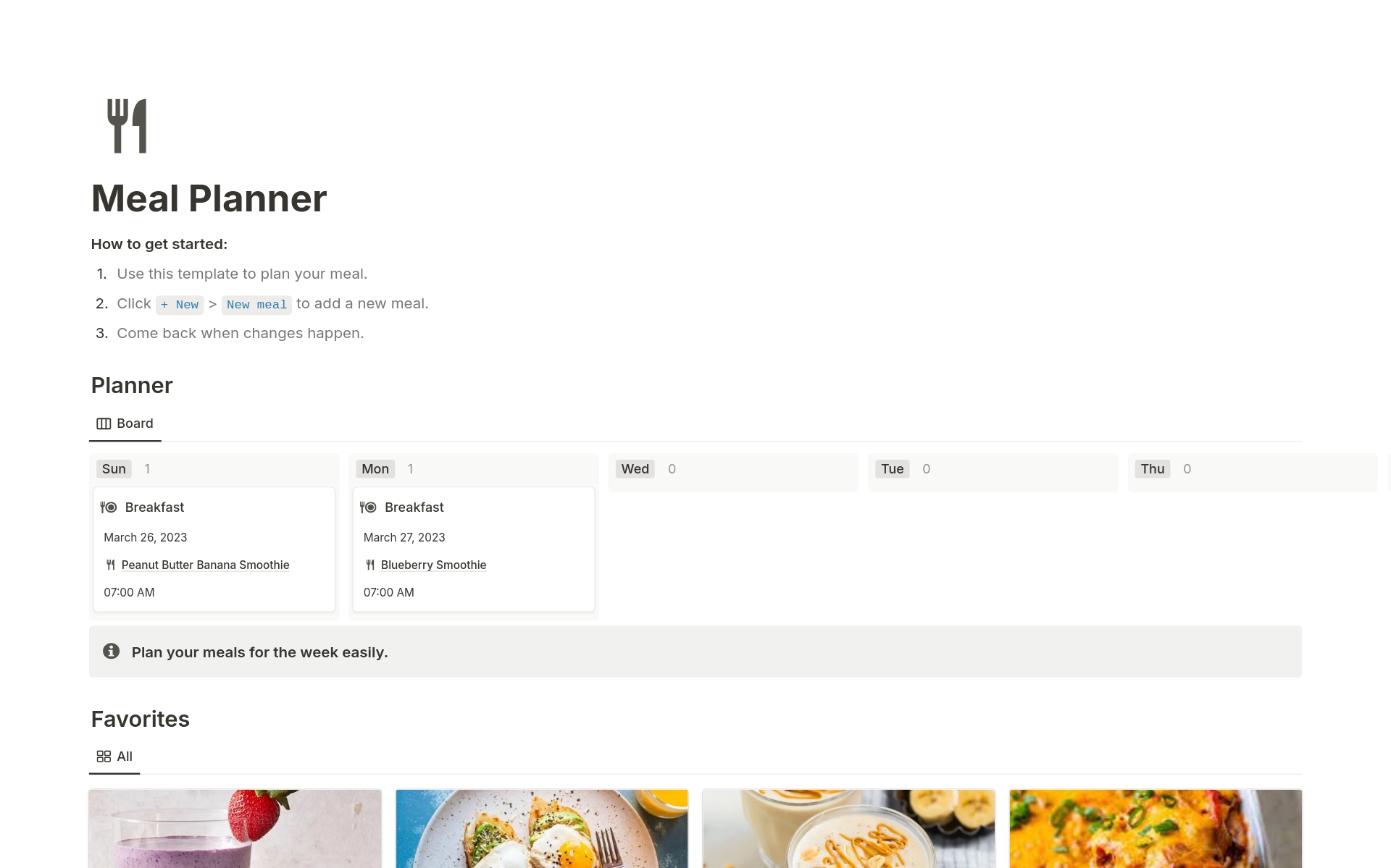 Plan your meals for the week, manage your favorite recipes, and track your grocery list.
