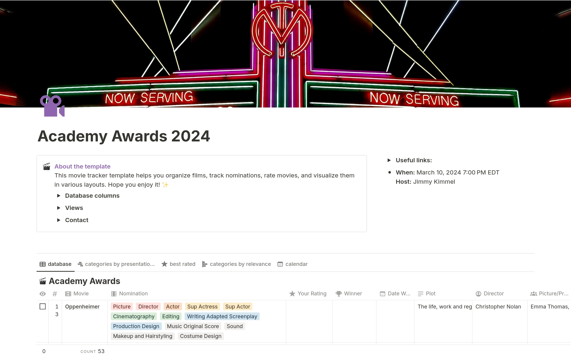 🎬 Organize and track your 2024 Academy Award journey!
This Notion template helps you to explore and track all nominated films and shorts.
