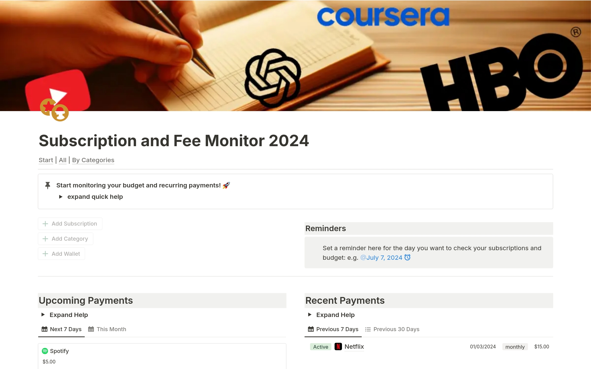 A template preview for Subscription and Fee Monitor 2024