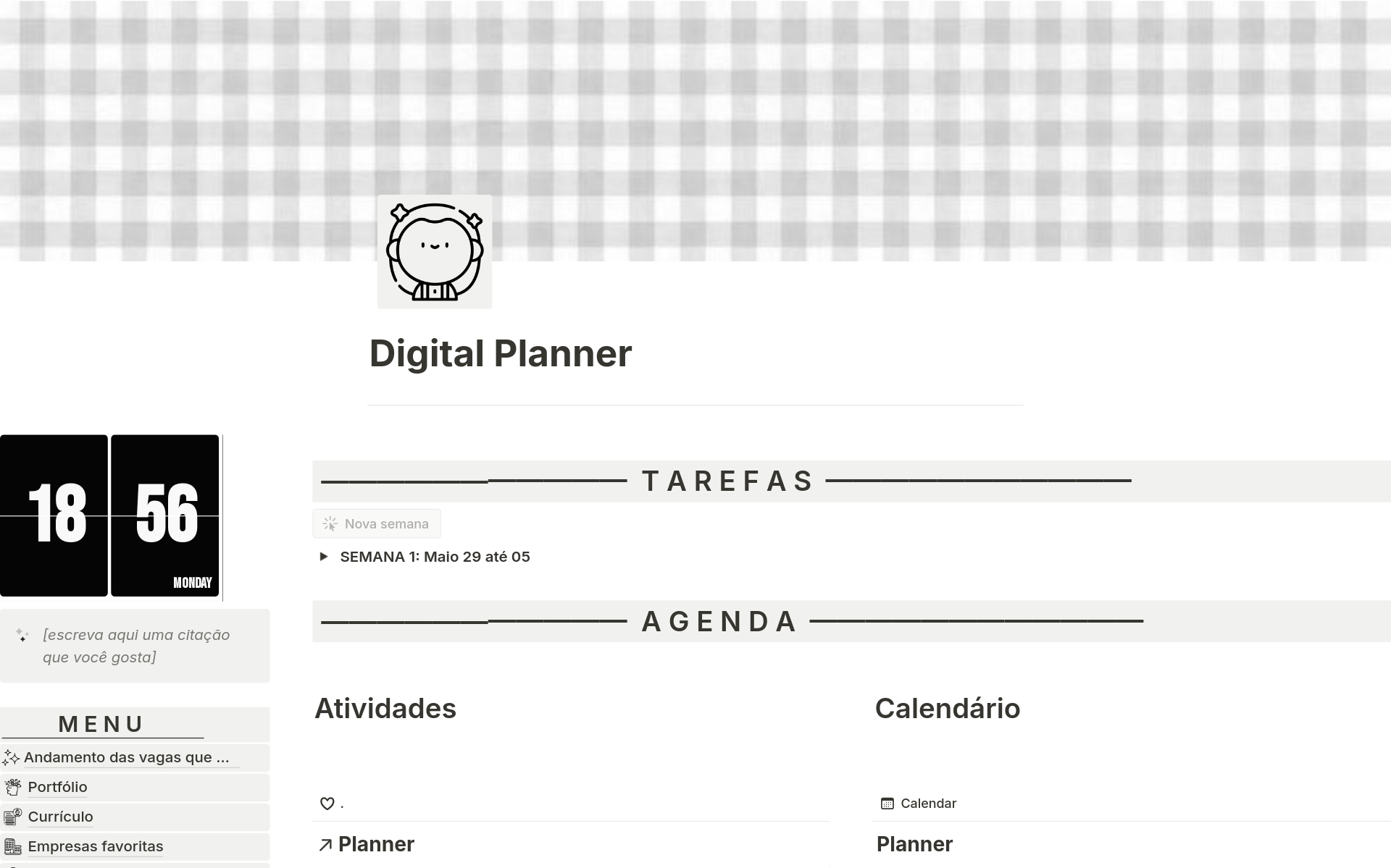 Um modelo no Notion para organizar sua busca por emprego, com seções para registrar tarefas diárias, manter um menu para páginas adicionais e organizar compromissos na agenda.