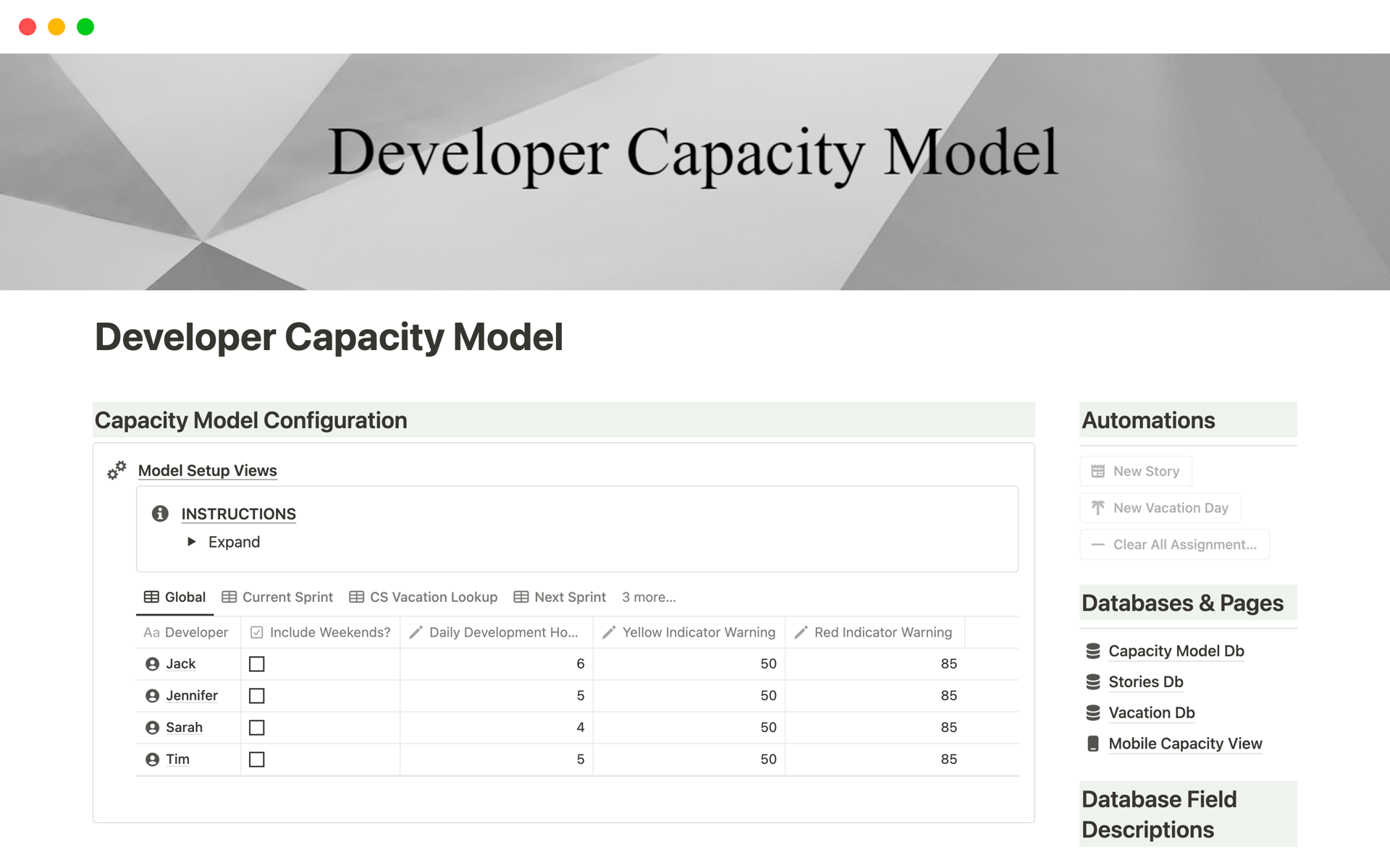 A template preview for Developer Capacity Model