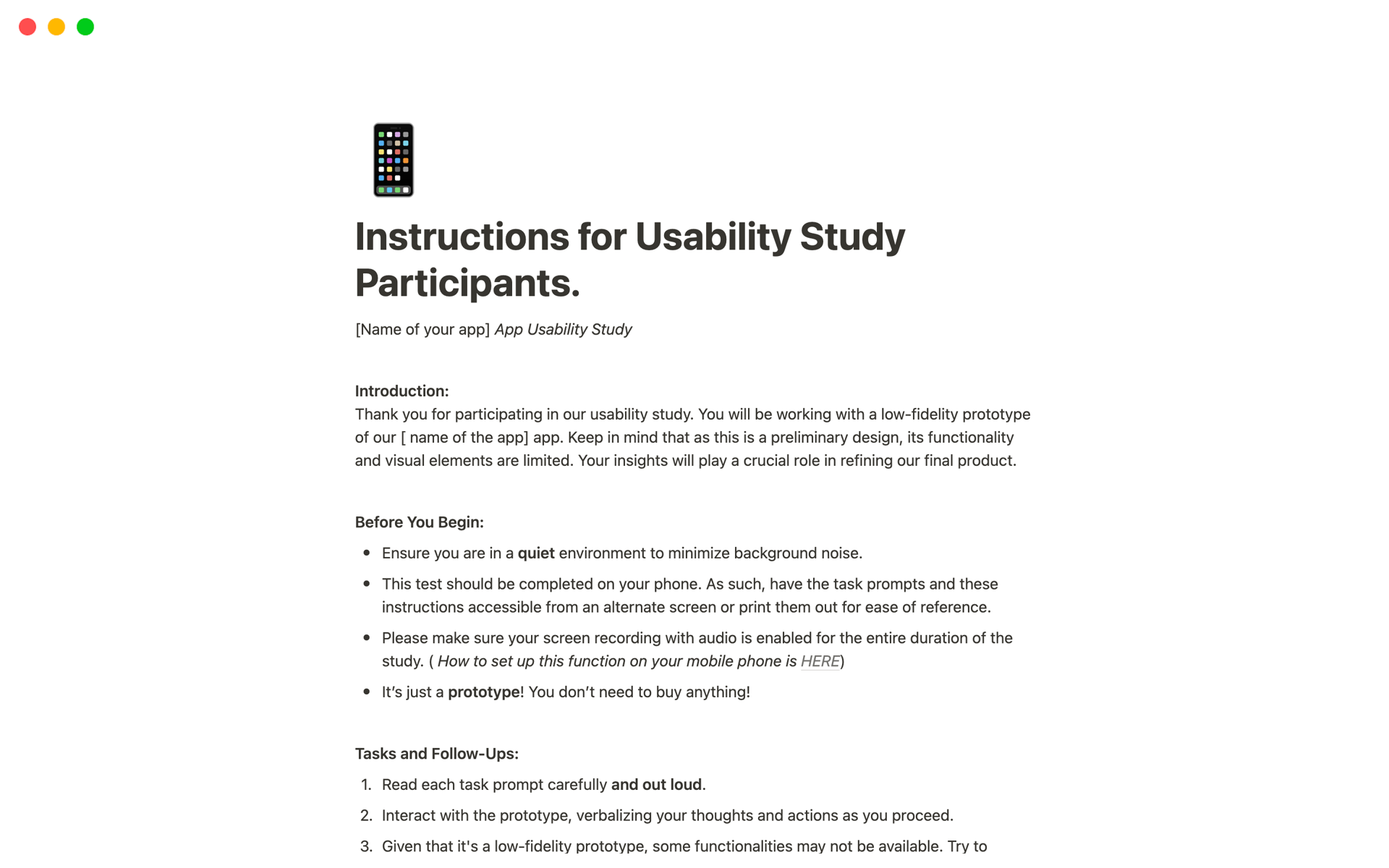 Vista previa de una plantilla para App Usability Study Guide