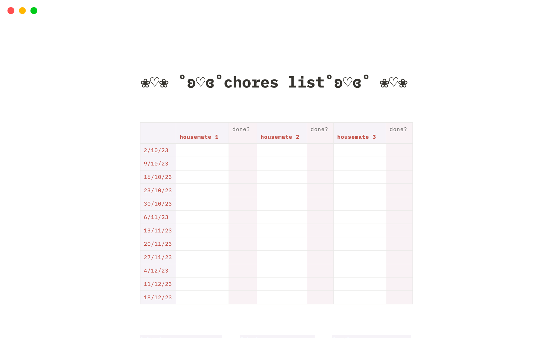 A simple yet effective printable/digital way to organise weekly chore allocation in a house/flat.