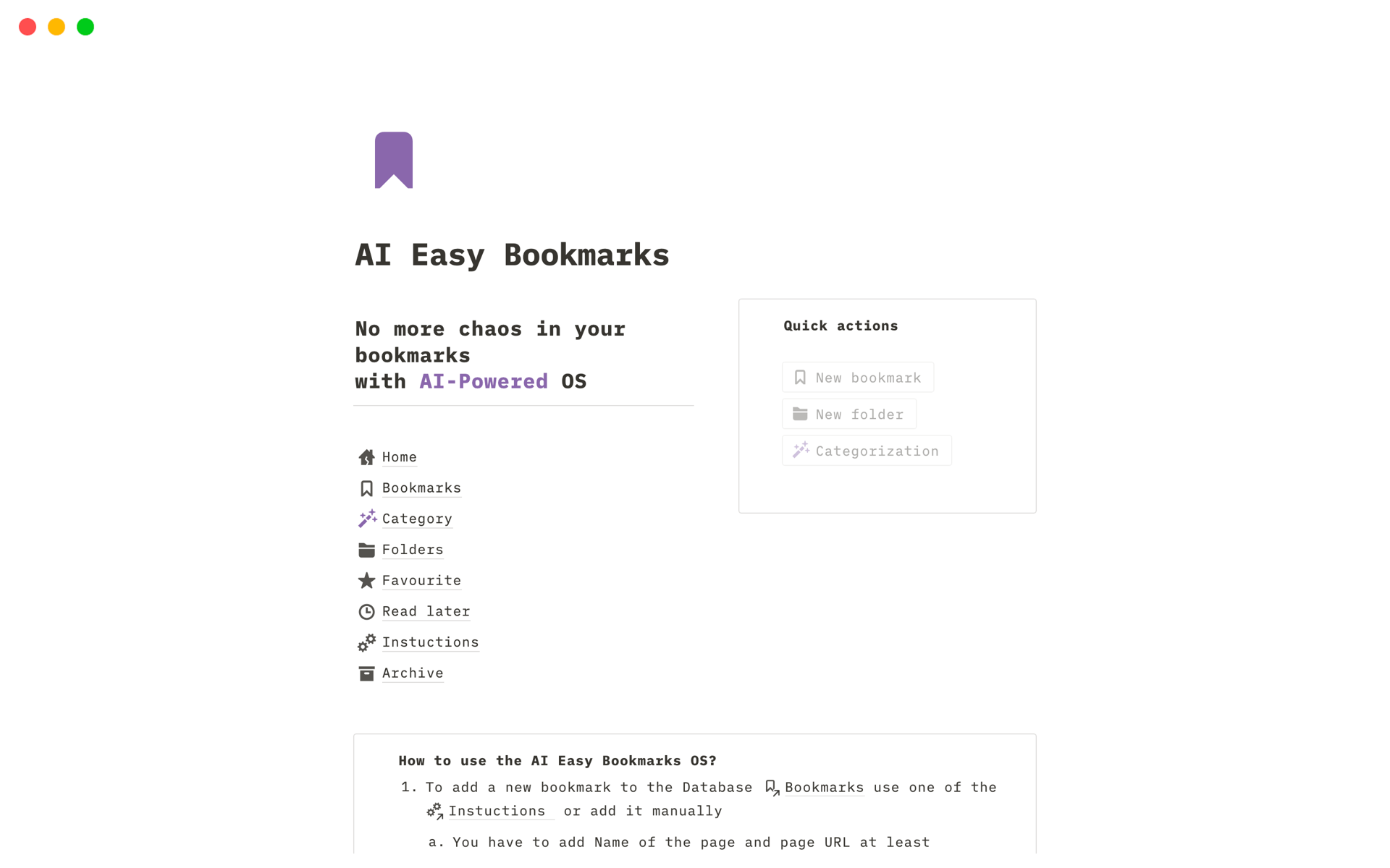A template preview for AI Easy Bookmarks