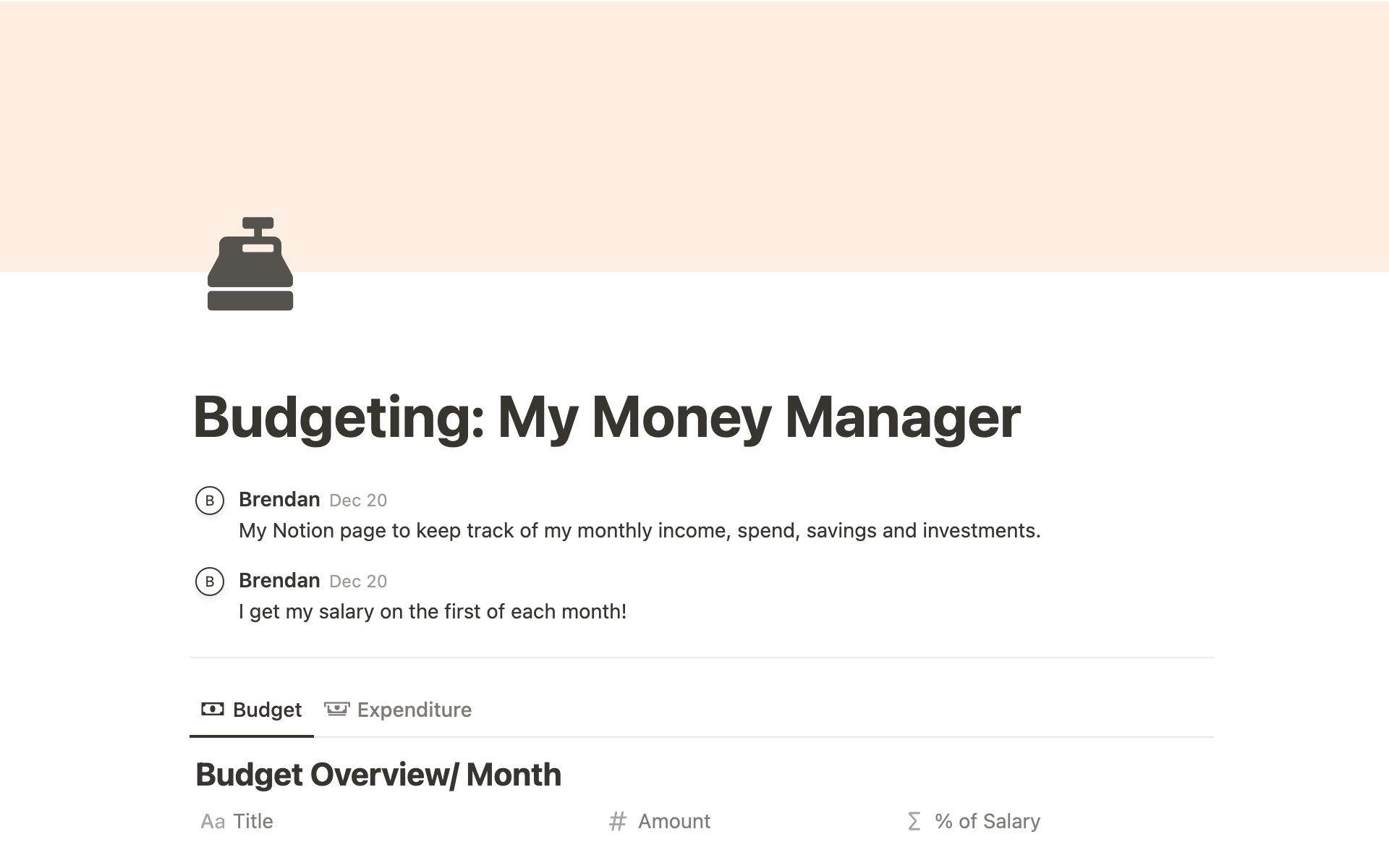 Budgeting tracker for income, spending, savings, and investments.