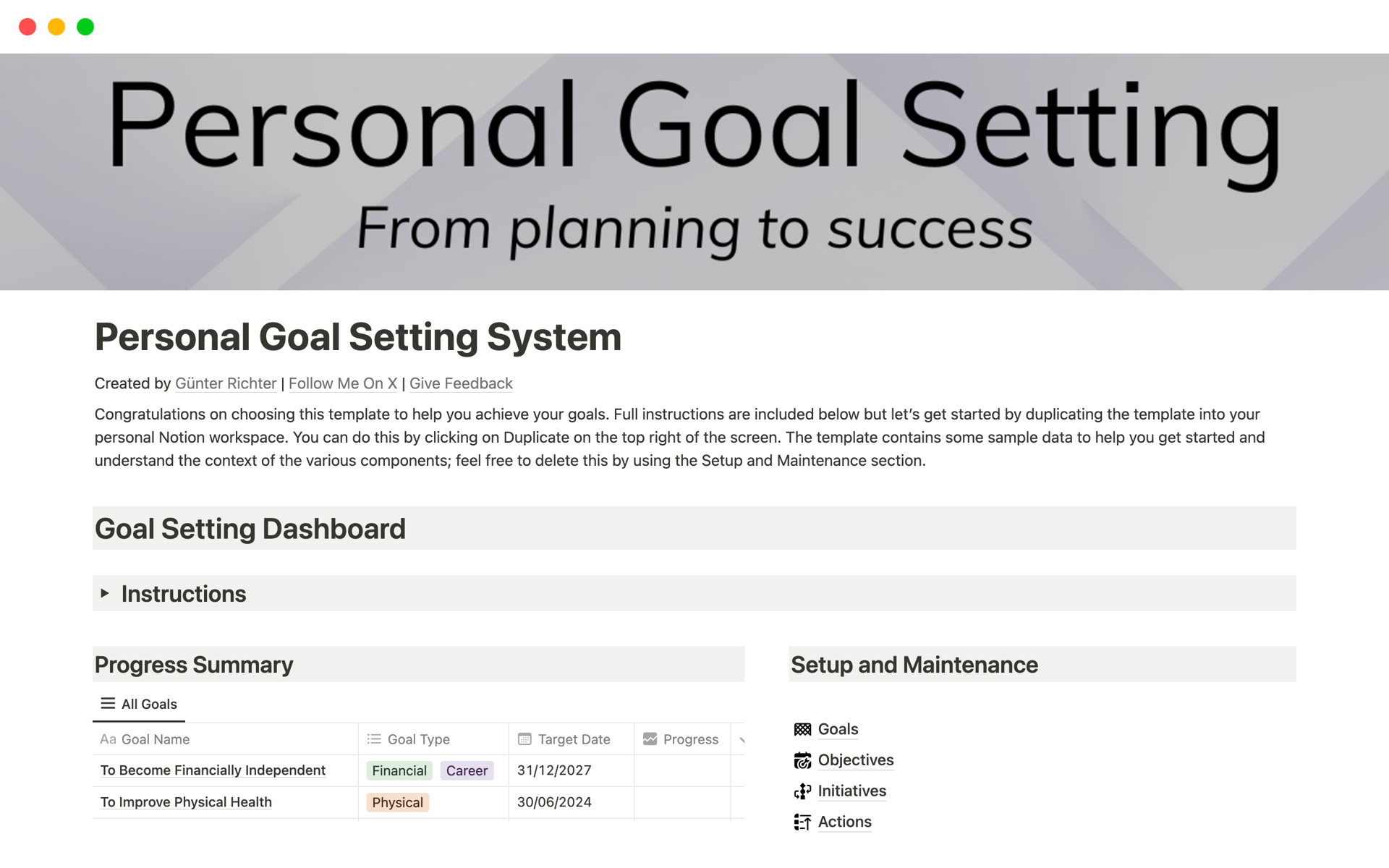 Eine Vorlagenvorschau für Personal Goal Setting System