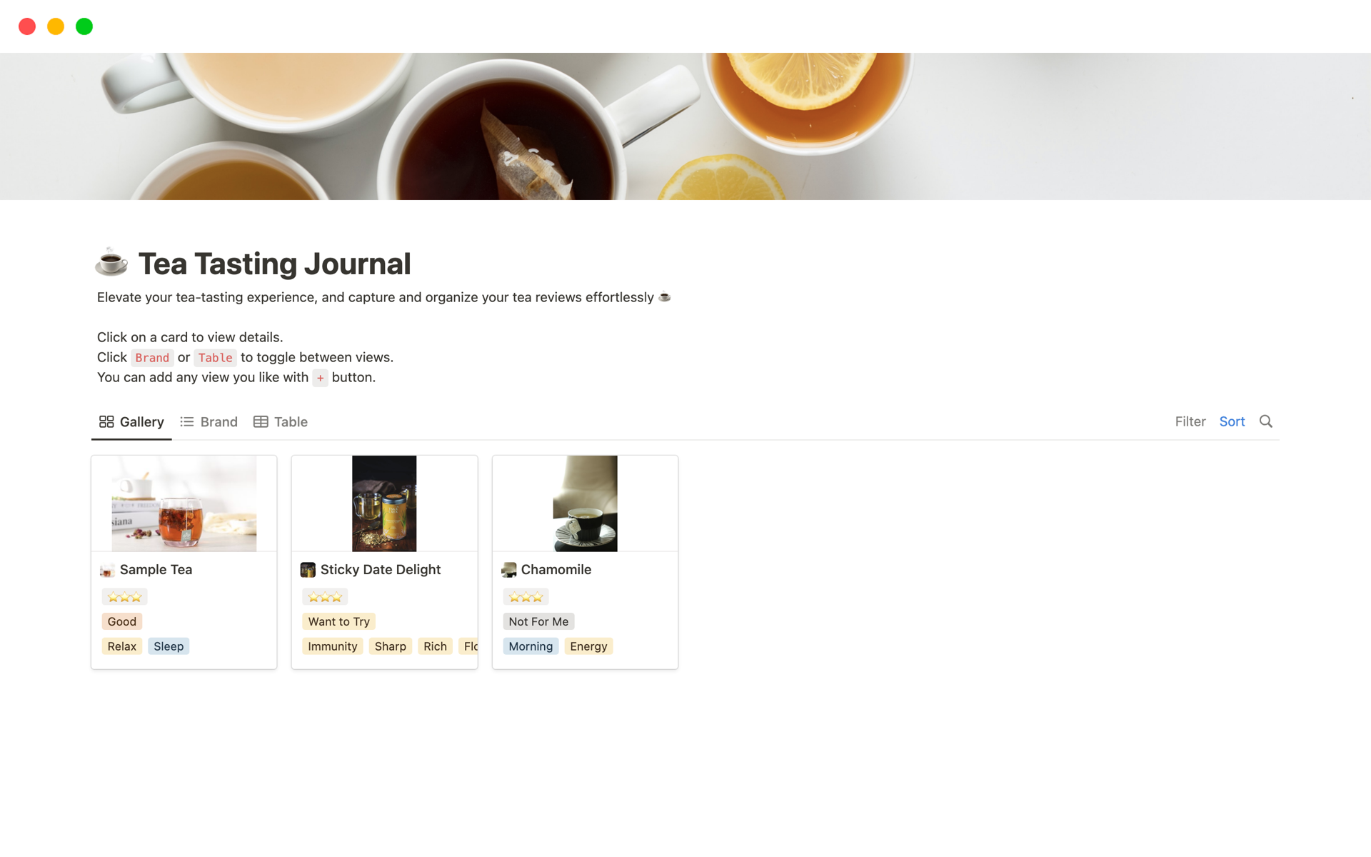Tea Tasting Journalのテンプレートのプレビュー