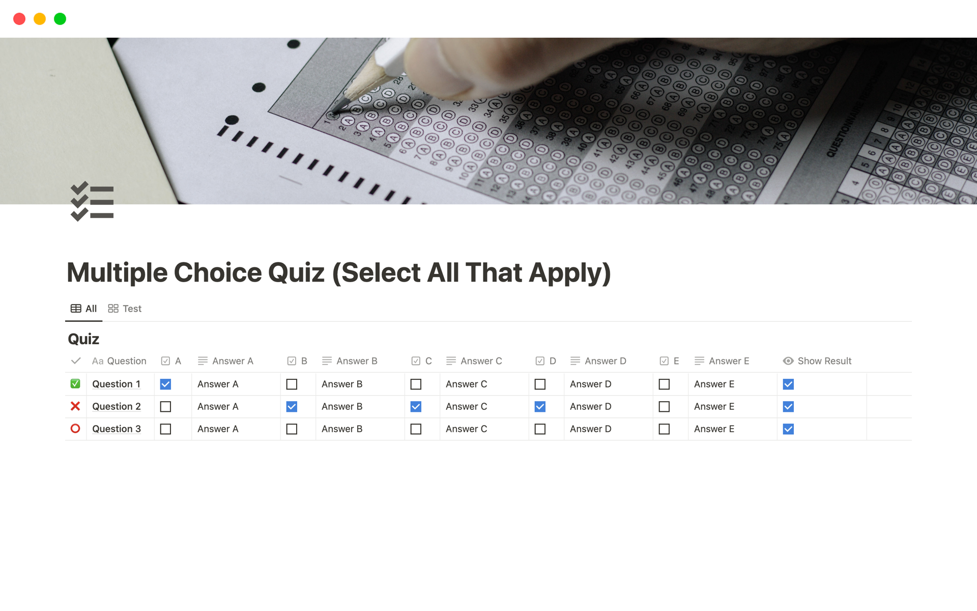 A template preview for Multiple Choice Quiz (Select All That Apply)