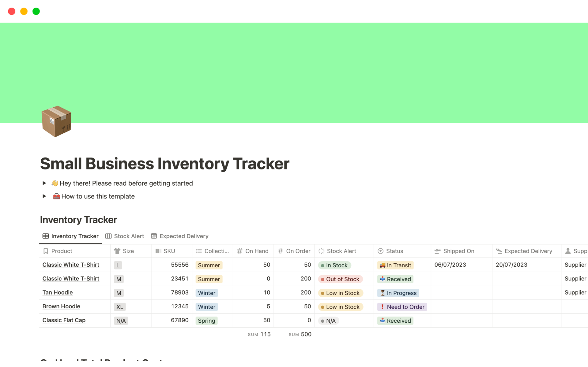 A template preview for Small Business Inventory Tracker