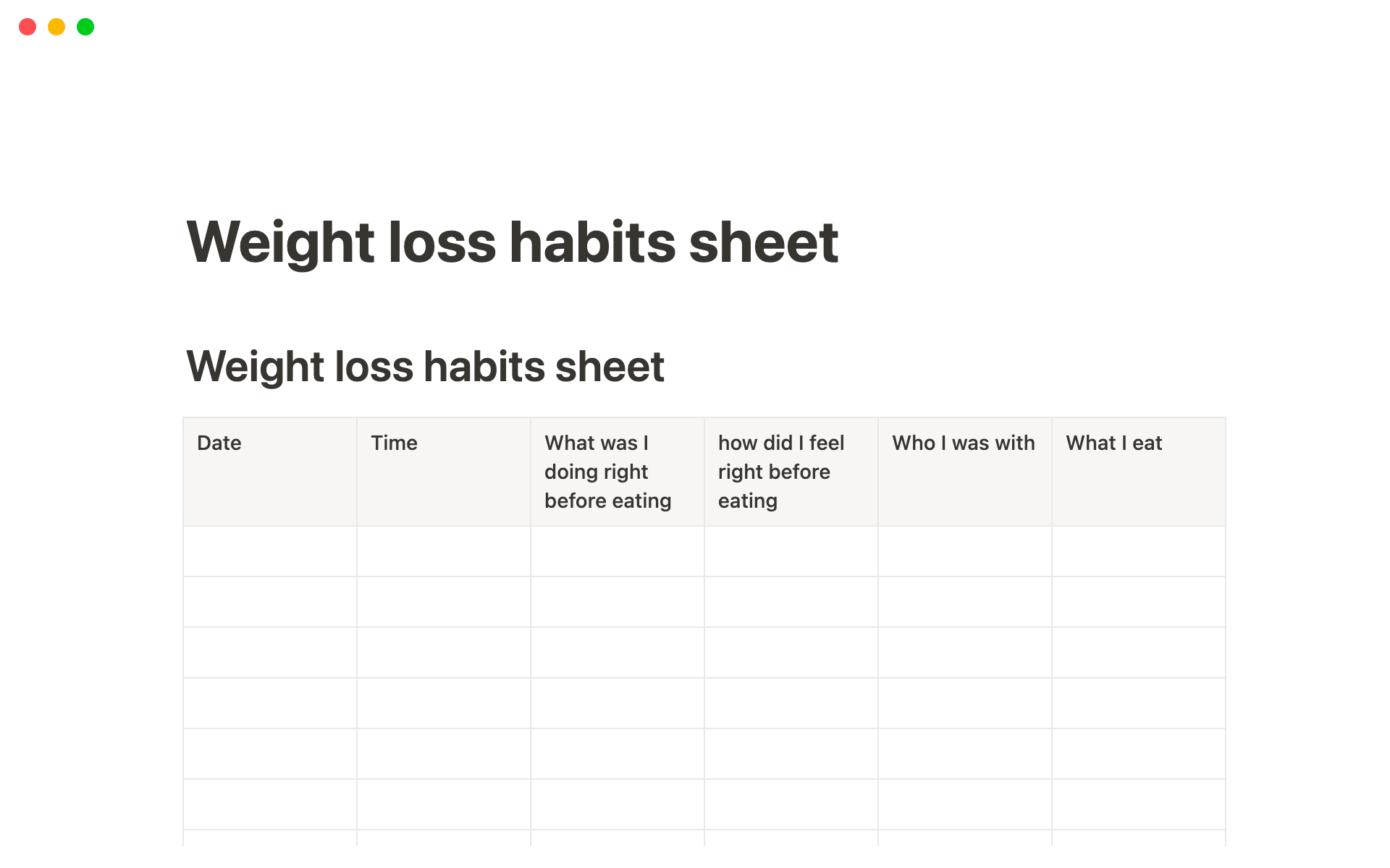 A template preview for weight loss habits sheet