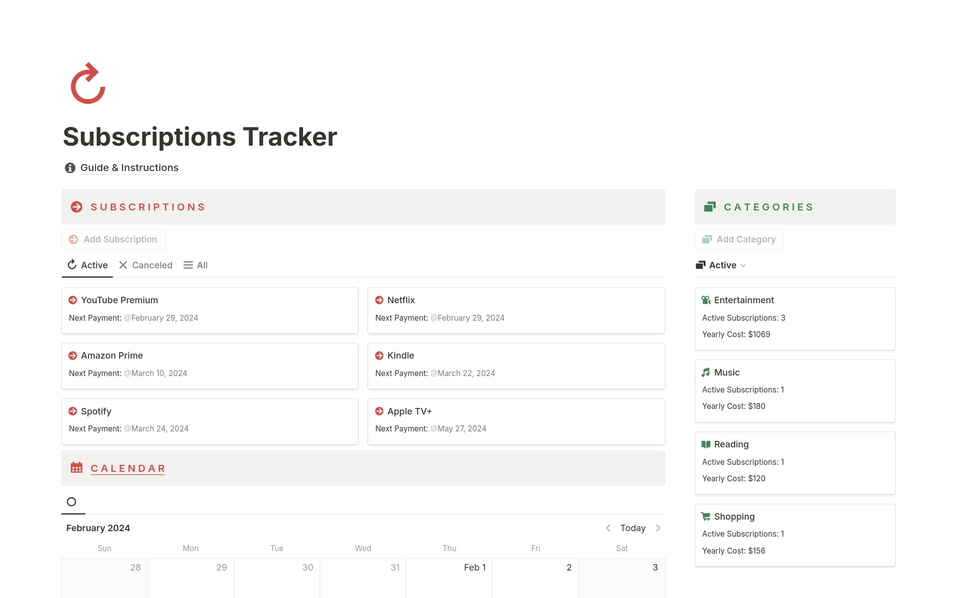 Eine Vorlagenvorschau für Subscriptions Tracker