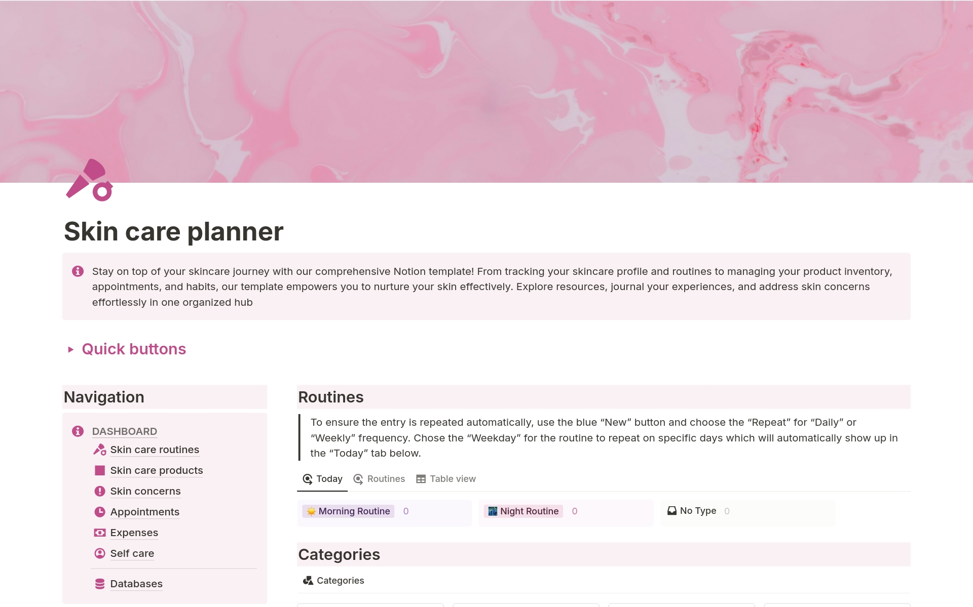 A template preview for Skin care planner