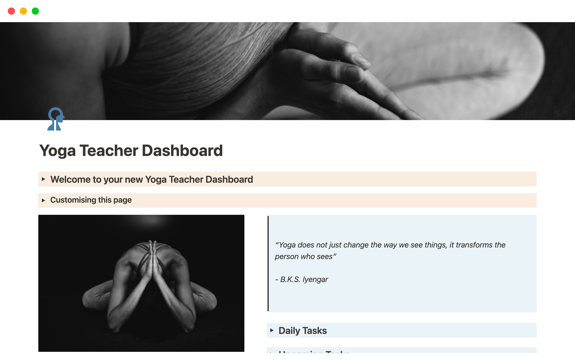 A template preview for Yoga Teacher Dashboard