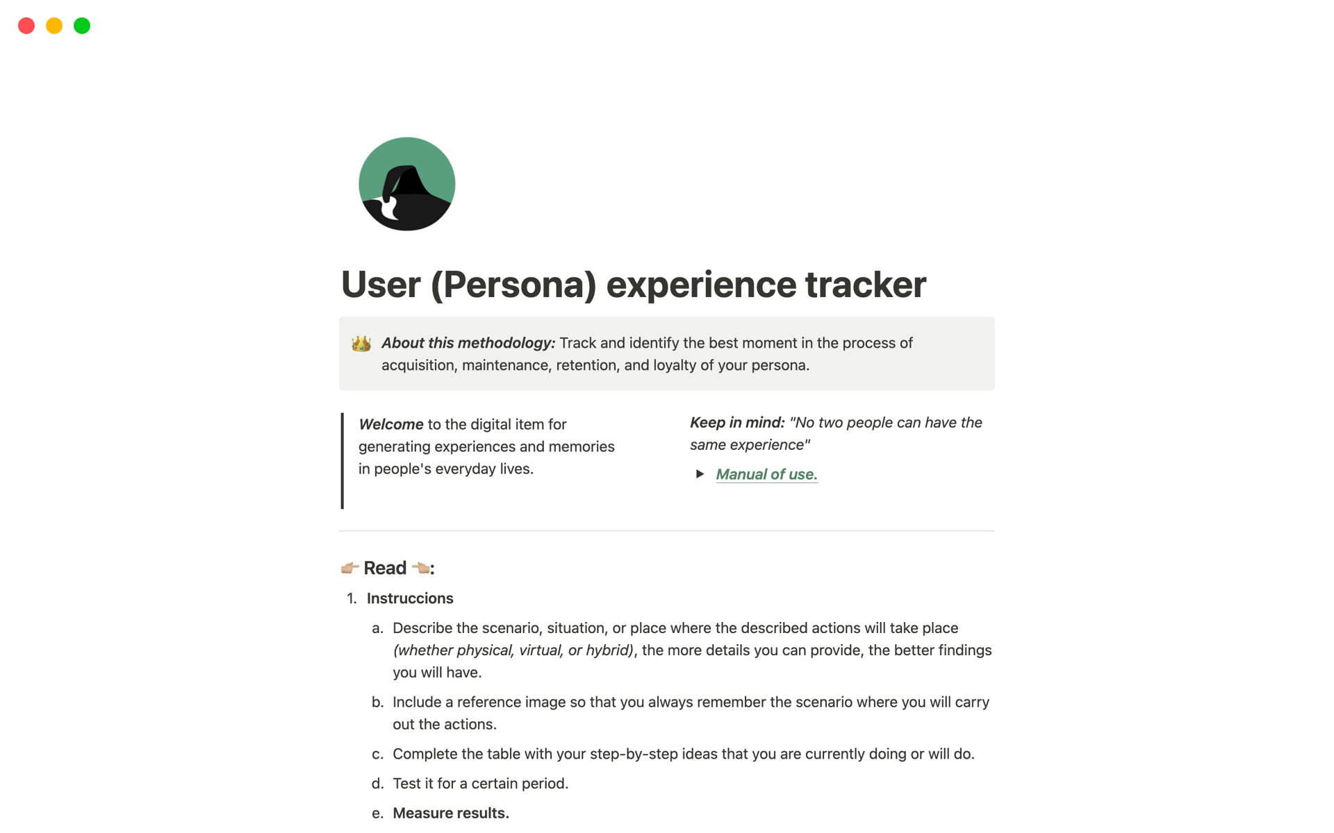 A template preview for User (Persona) experience tracker