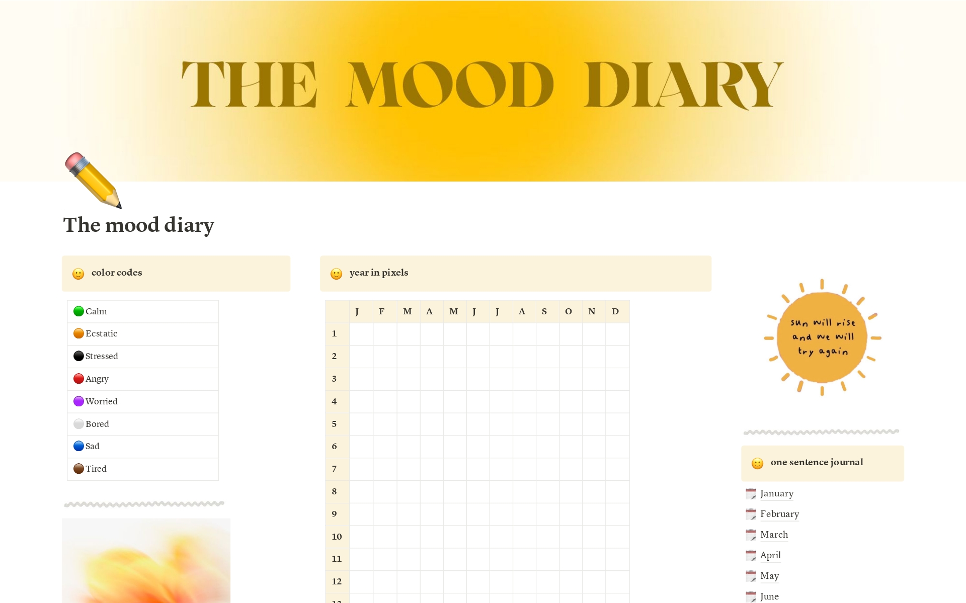 For new Notion users who wanted a quick and simple yet customizable mood tracking journal. Easy to use. Straightforward. Customizable. Personal to your style.