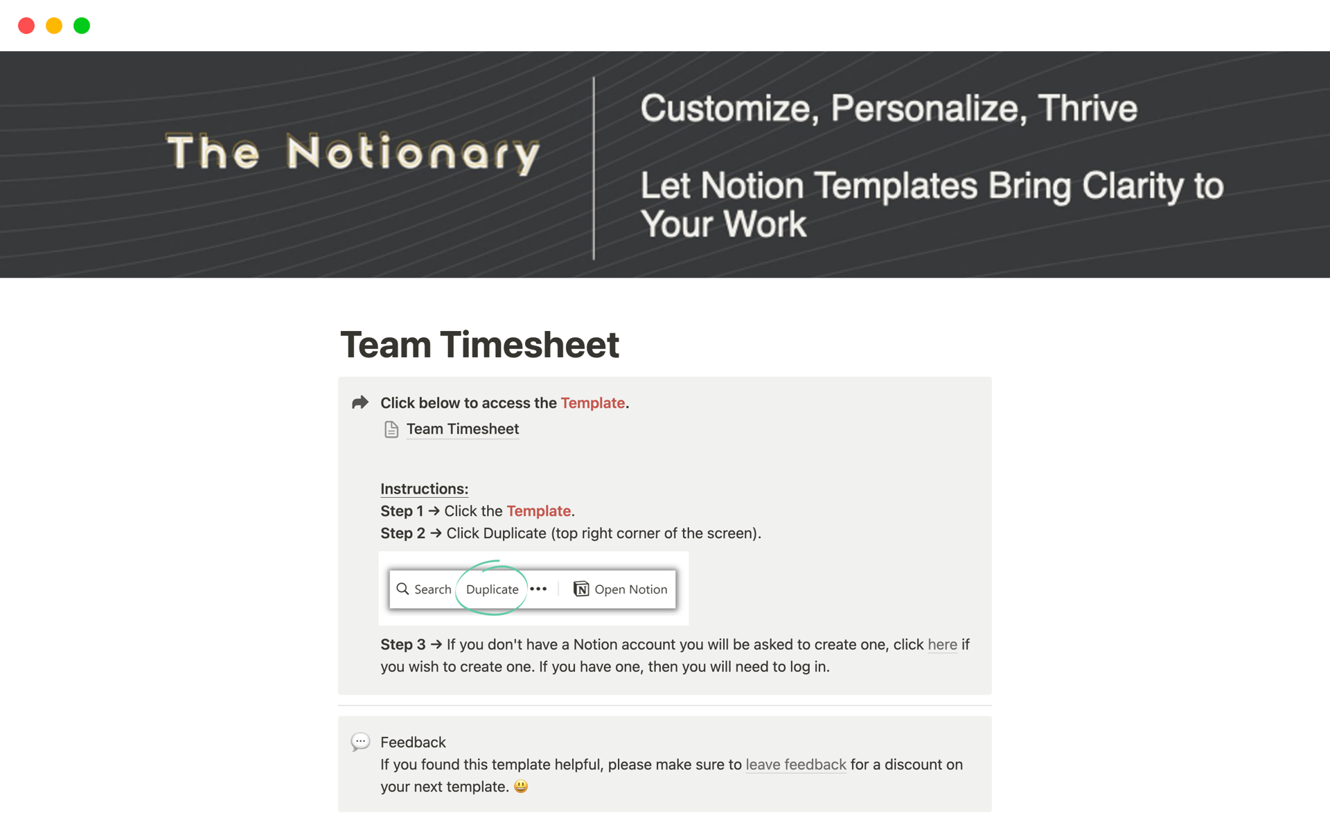 A template preview for Team Timesheet