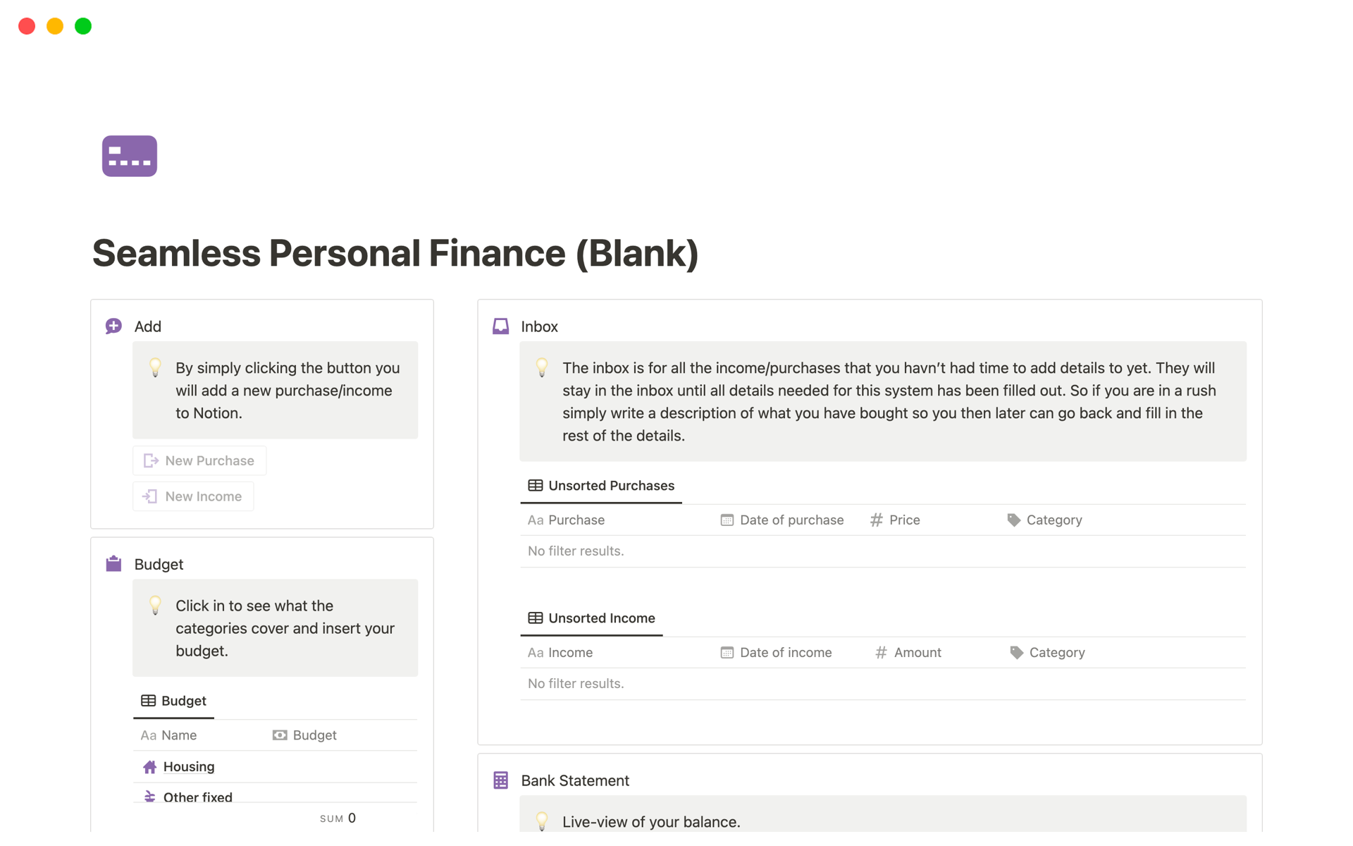 En förhandsgranskning av mallen för Seamless Personal Finance