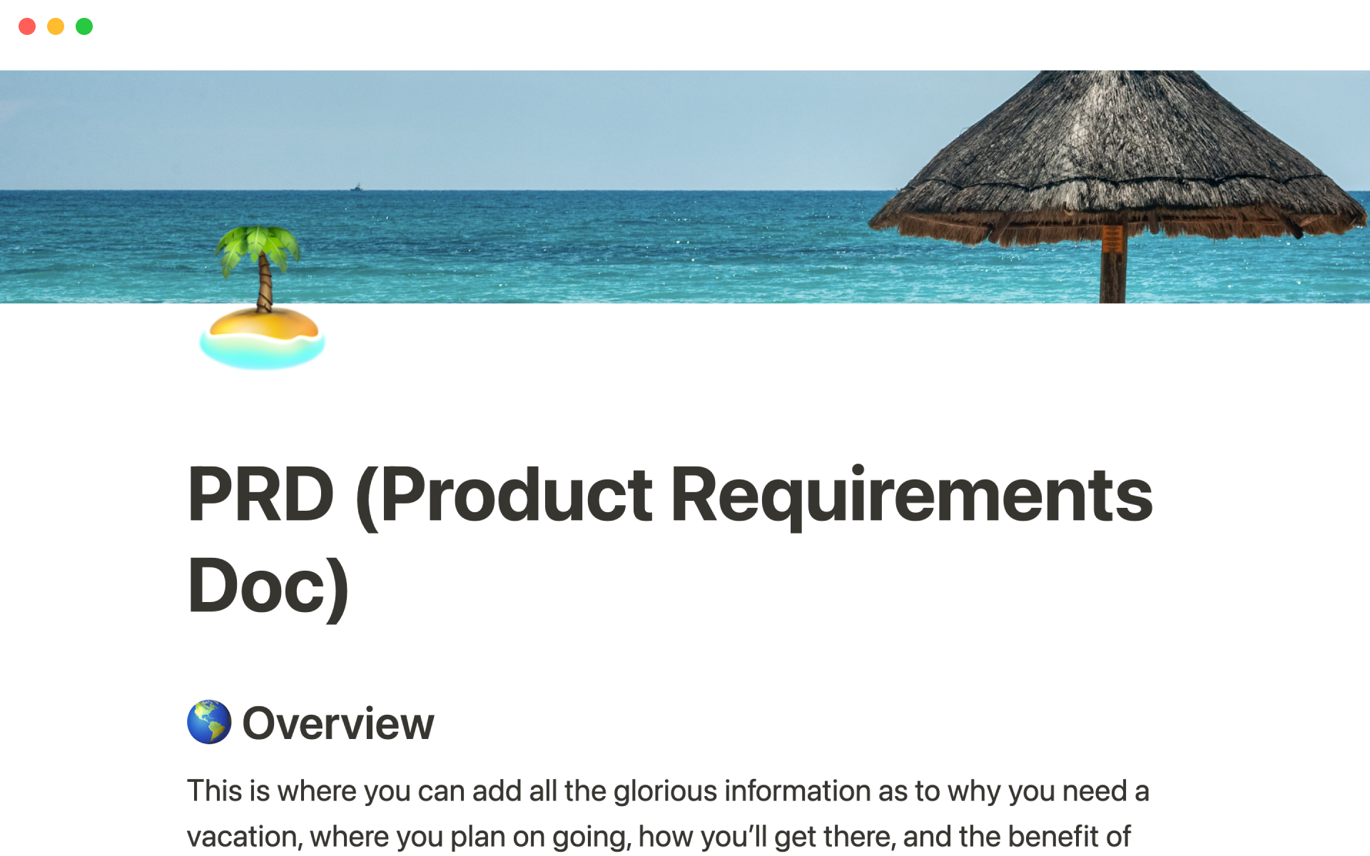 A template preview for PRD (Product requirements doc)