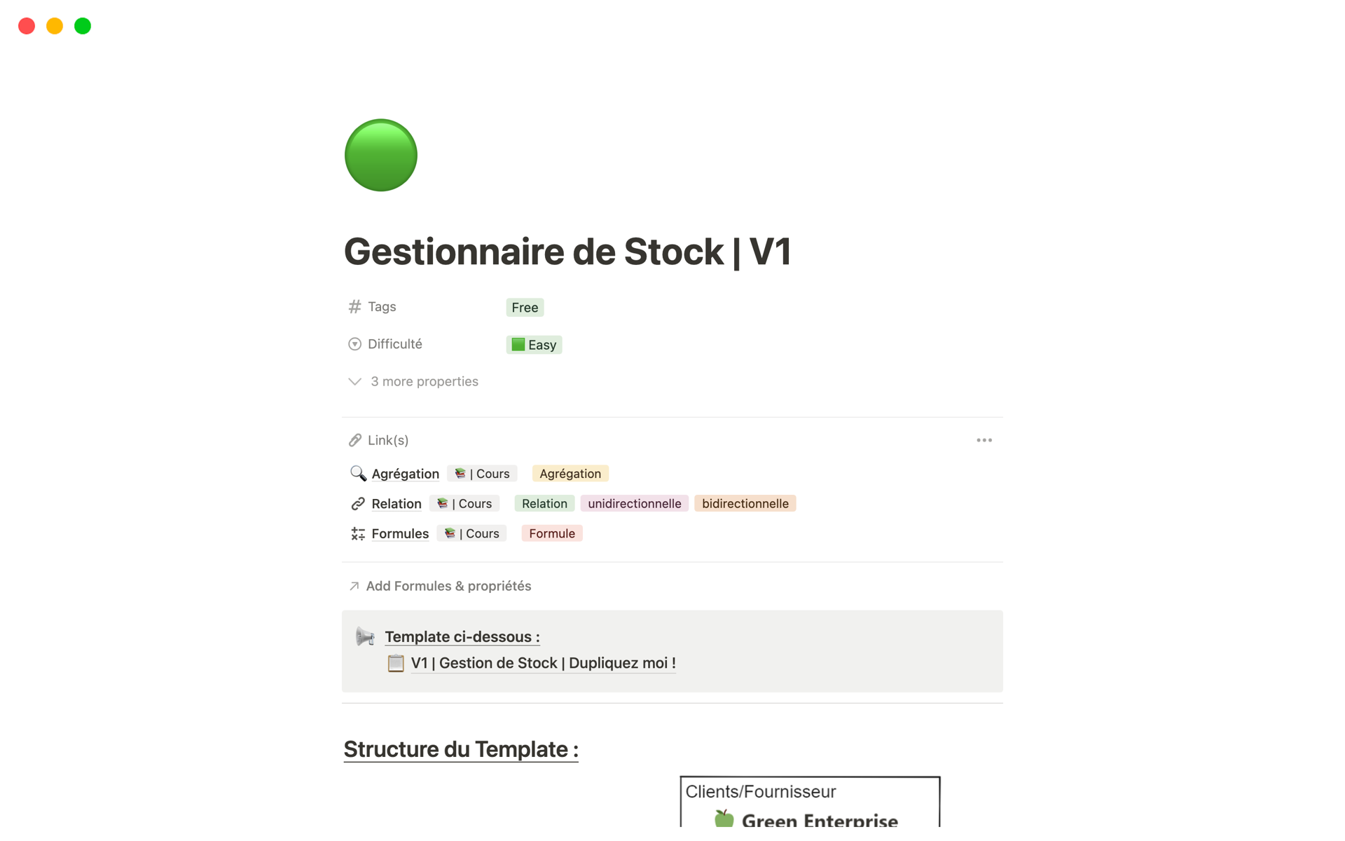 A template preview for Gestionnaire de Stock | V1