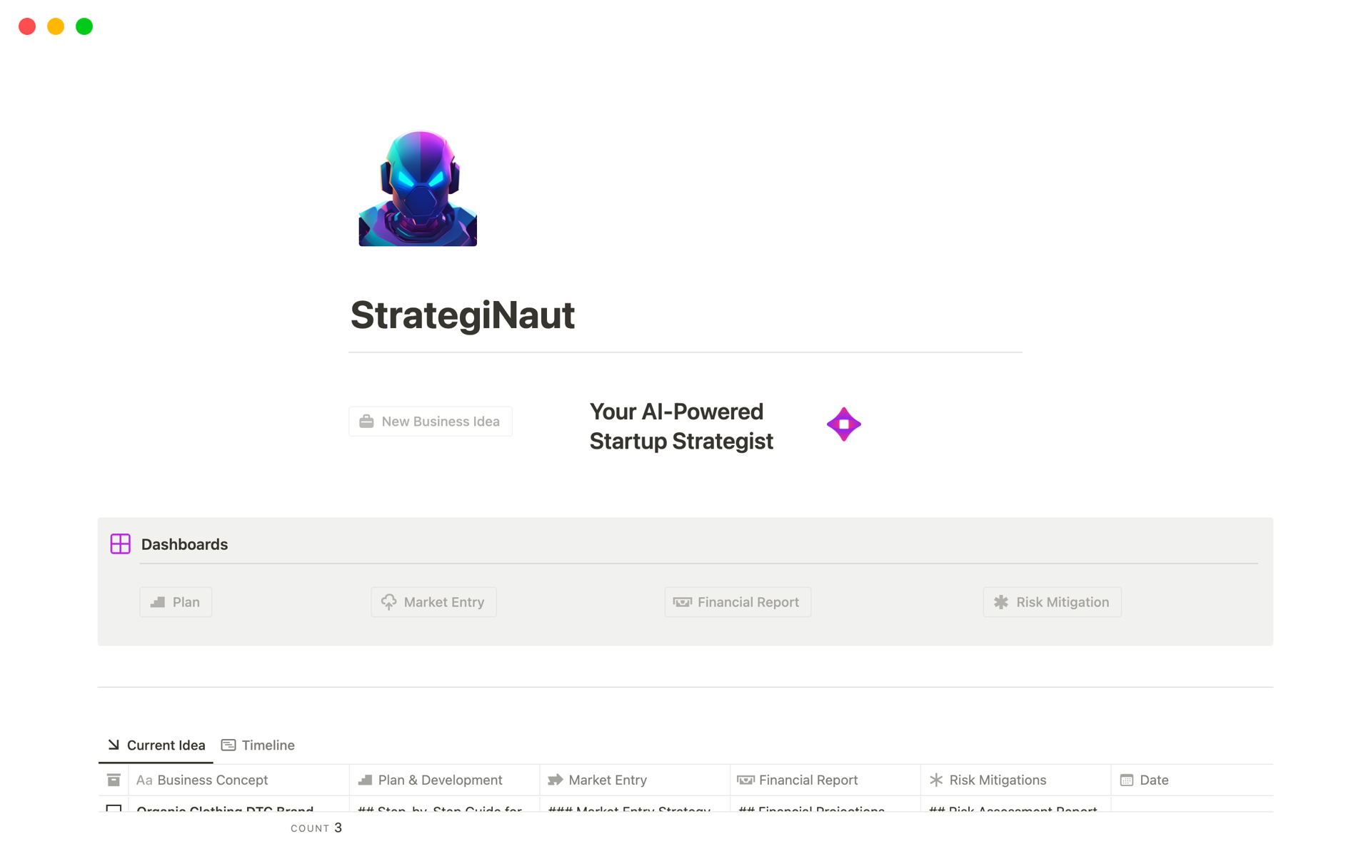 A template preview for StrategiNaut -The AI Startup Strategist