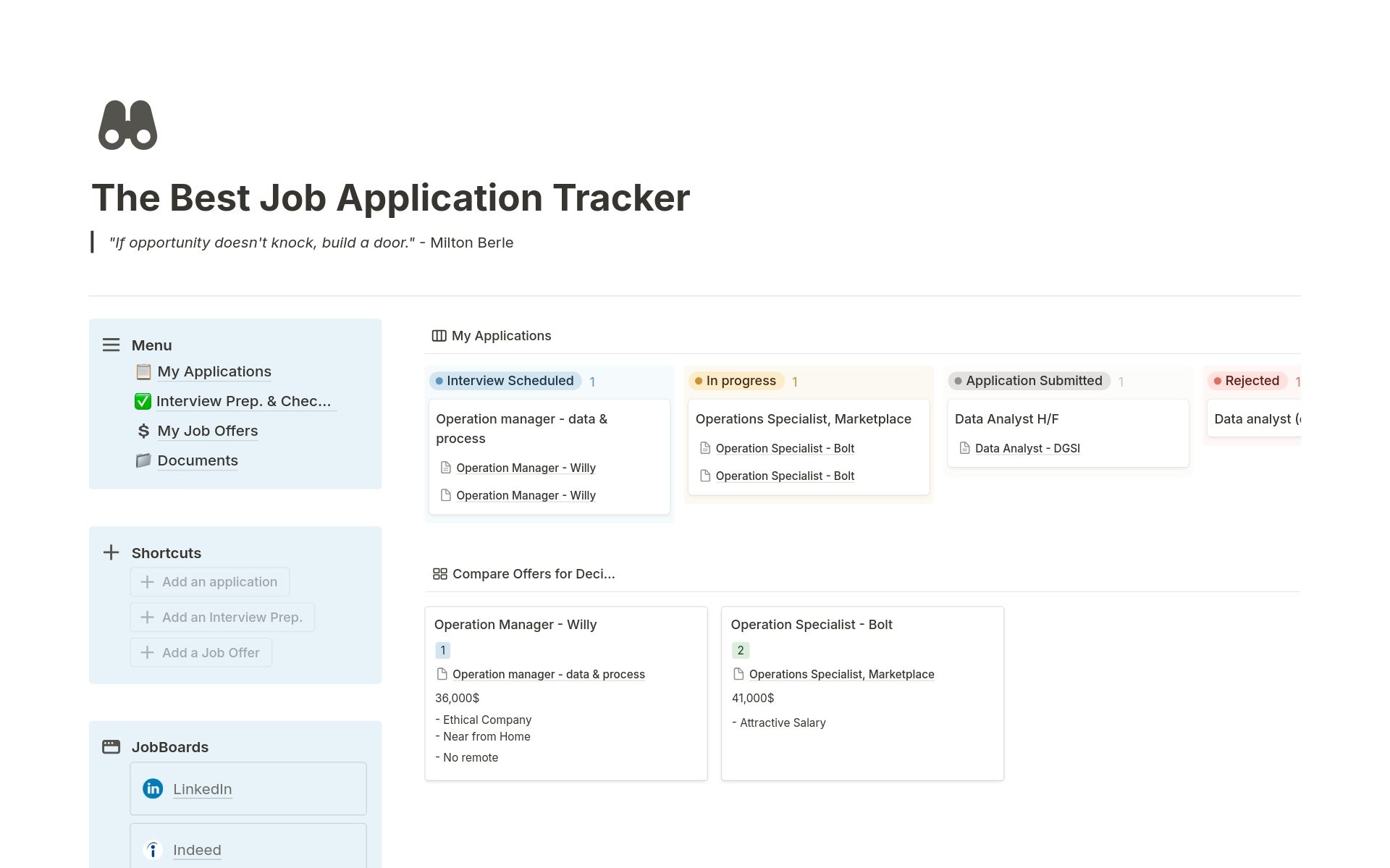 A template preview for The Best Job Application Tracker