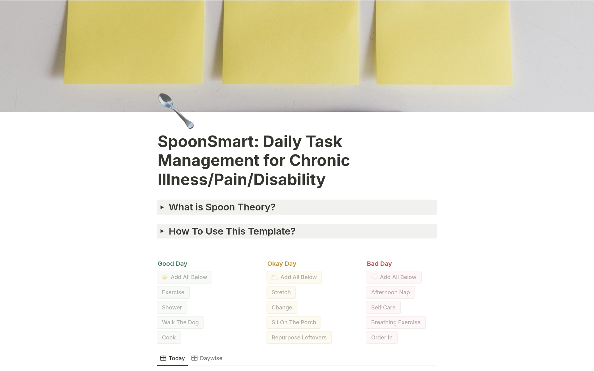 A template preview for SpoonSmart: For Chronic Illness/Pain/Disability