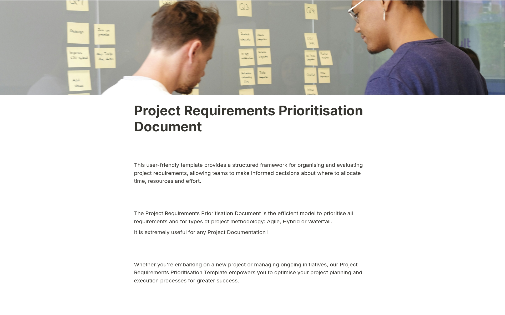 A template preview for Project Requirements Prioritisation Document