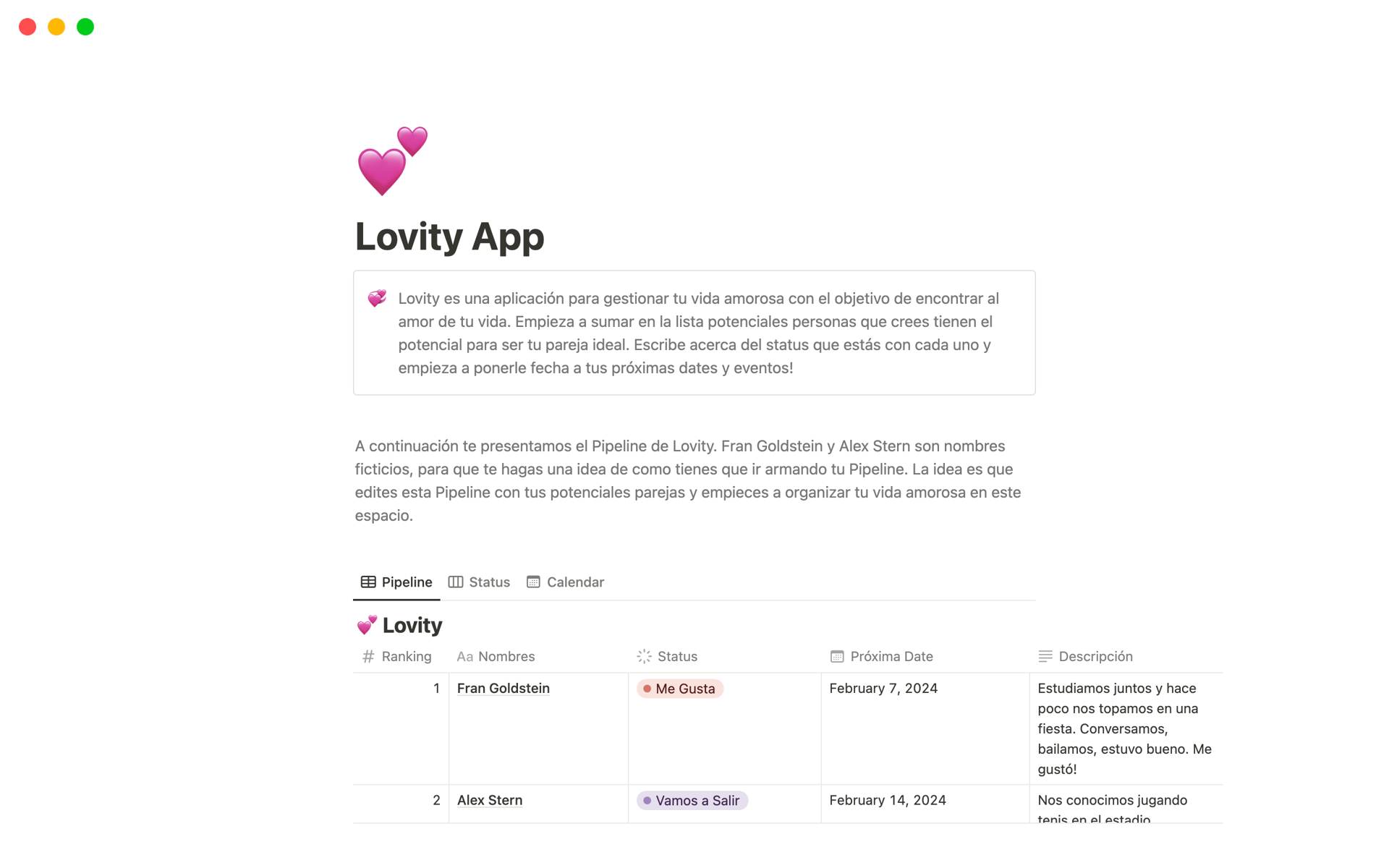 Vista previa de plantilla para Lovity App