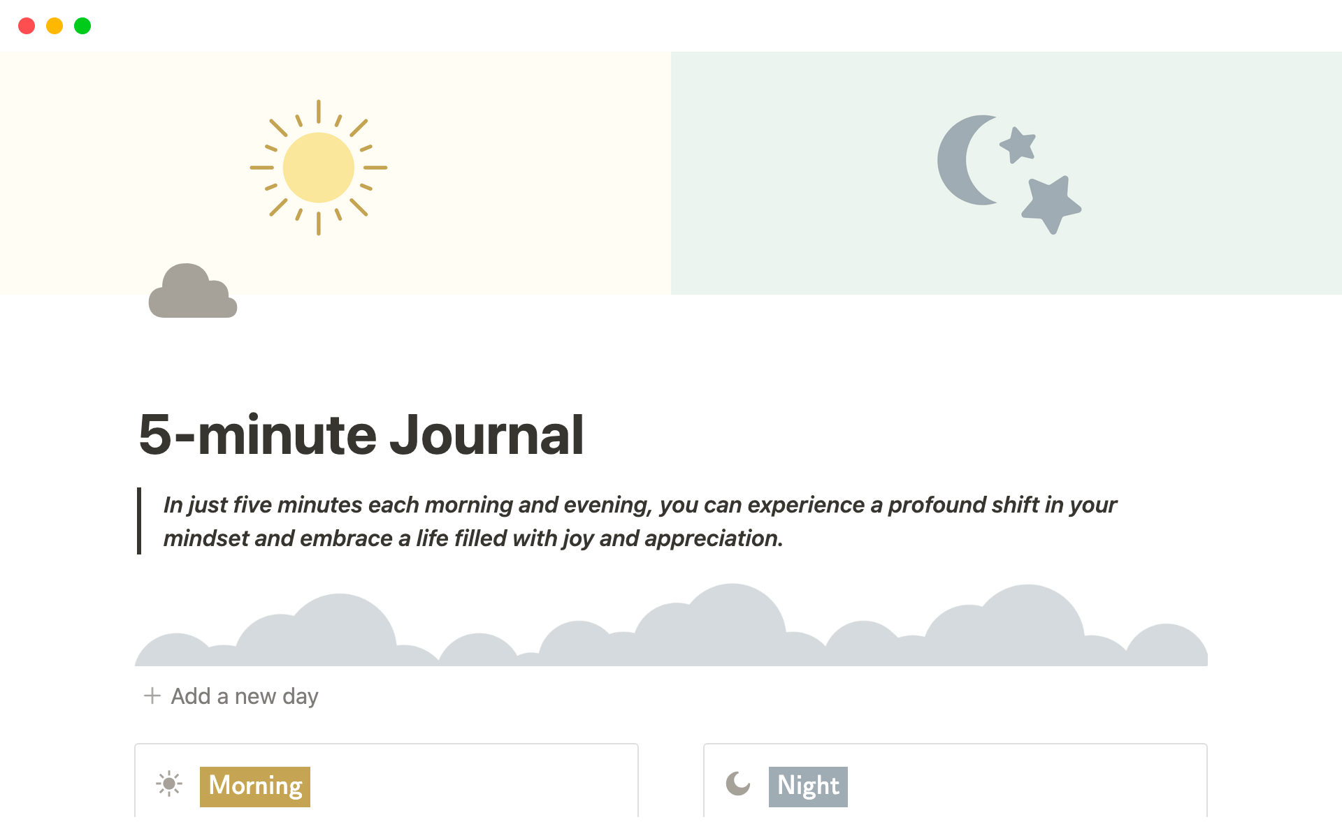 Vista previa de una plantilla para Notion 5-Minute Journal