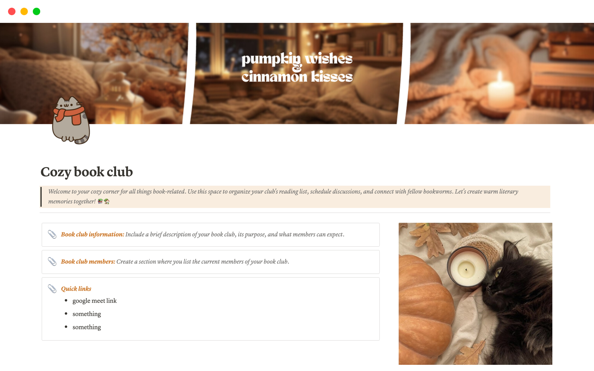 This template organizes your book club's activities with reading challenges, schedules, meeting notes, a discussion board, and book recommendations.