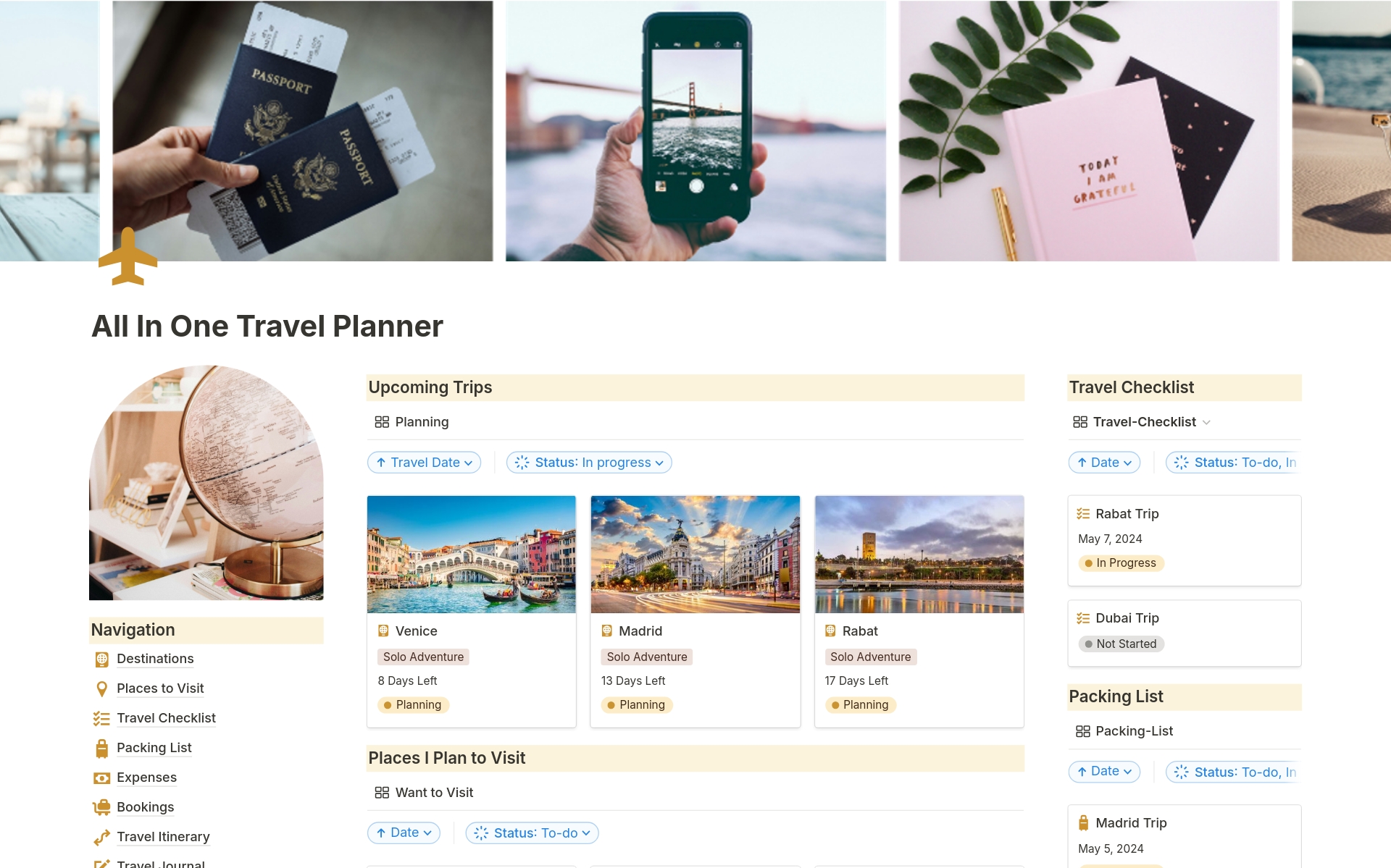 Streamline your travel plans with our All in One Notion Travel Planner Template! Effortlessly organize your packing list, trip itinerary, vacation essentials, and track your travel expenses in one convenient place.