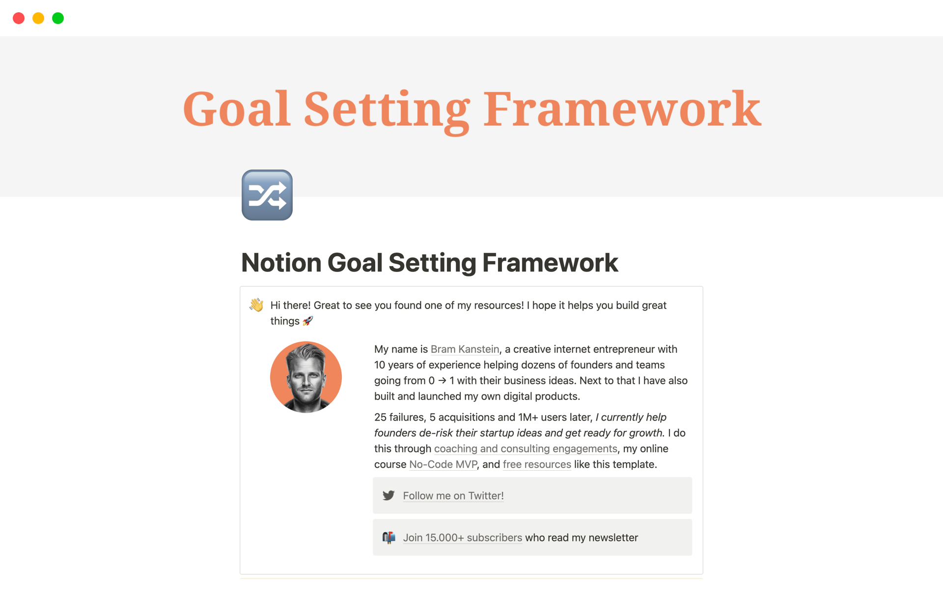 En forhåndsvisning av mal for Goal Setting Framework