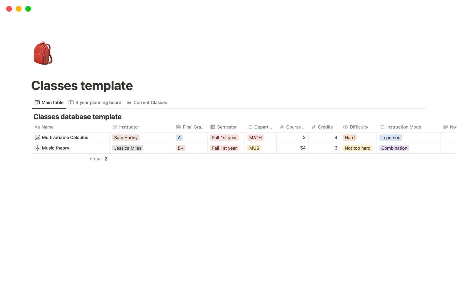 A template preview for University Class Planning