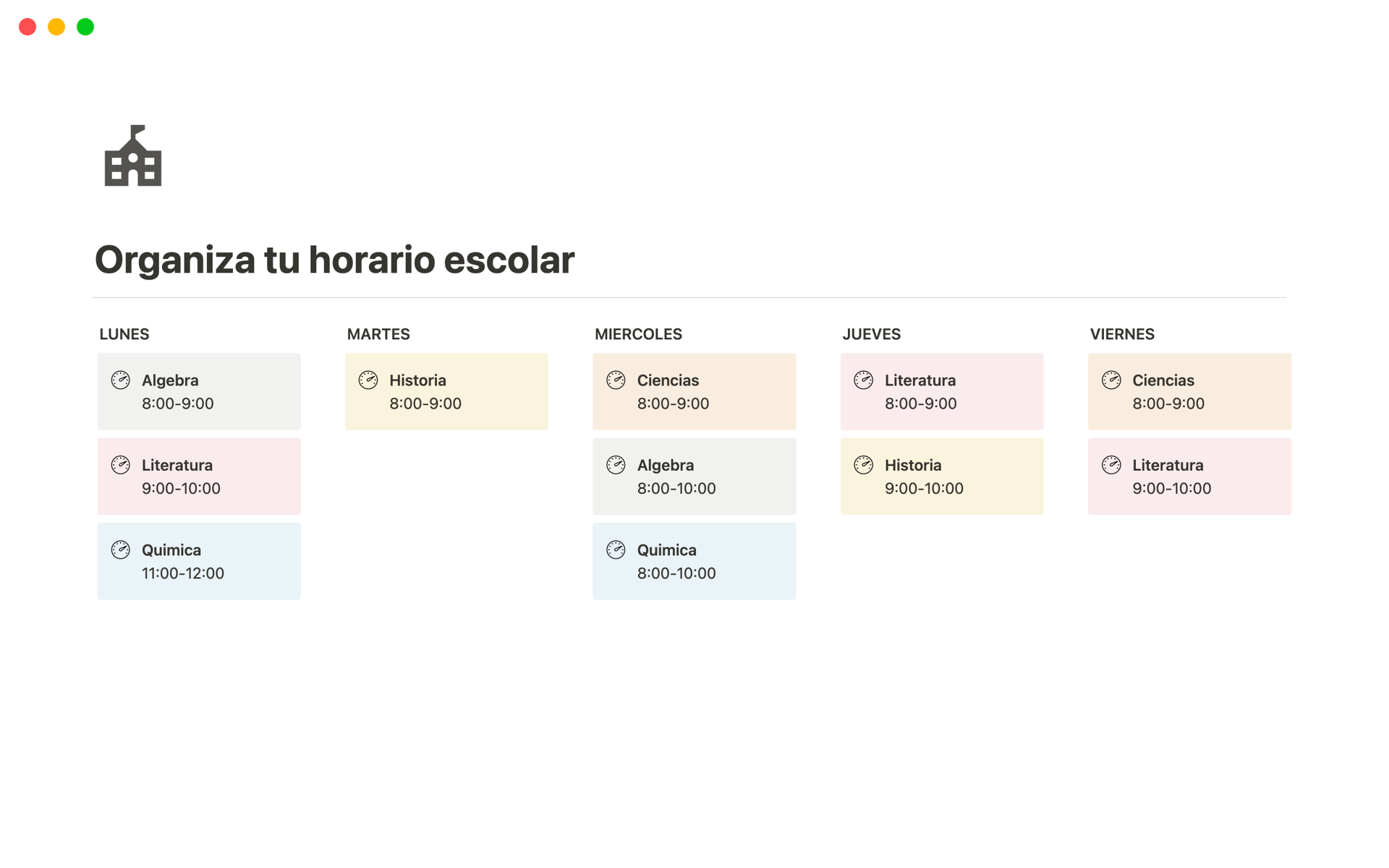 A template preview for Horario Escolar