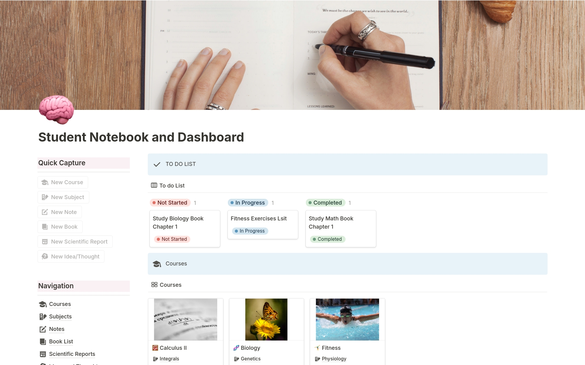 Uma prévia do modelo para Student Notebook and Dashboard - Complete