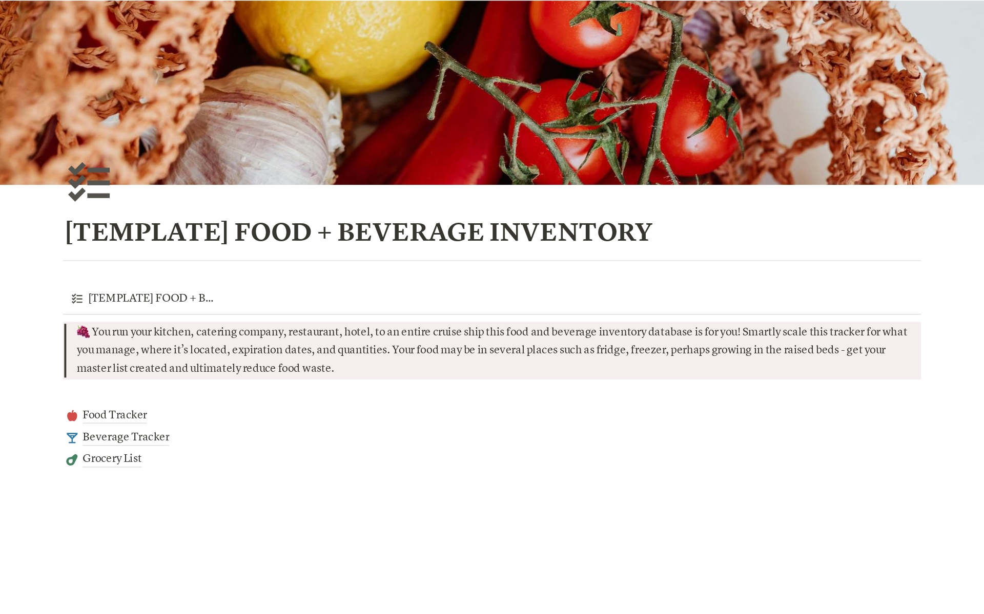 A template preview for FOOD + BEVERAGE INVENTORY